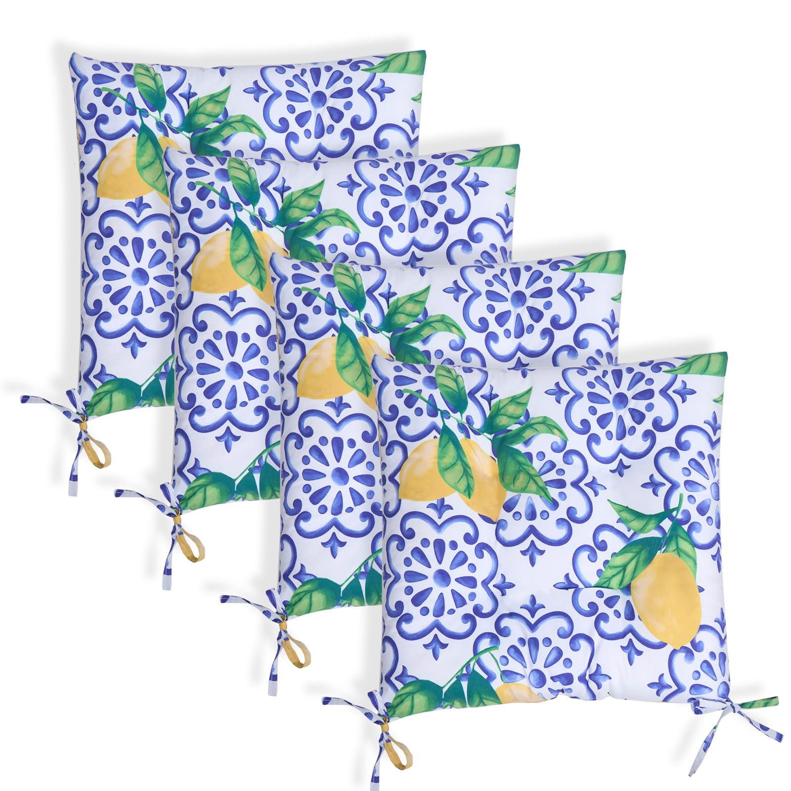 Ohs Lemons 4 Pack Chair Cushions For Outdoor Seating, Lemon Print Seat Pads For Dining Chairs Indoor/Outdoor Soft Comfy Seat Cushions With Ties For Garden Kitchen - 40X40cm