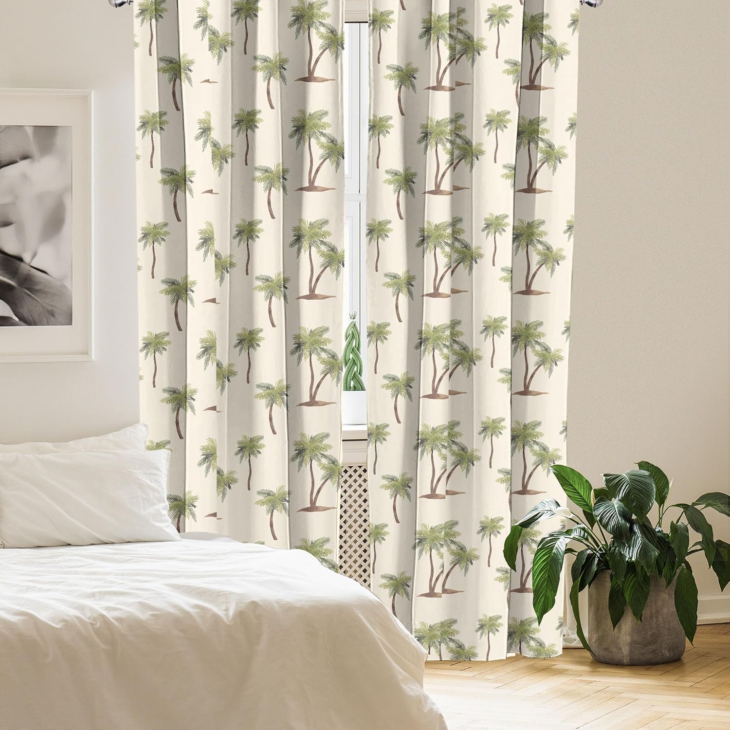 Ambesonne Hawaii Window Curtains Pack of 2, Repetitive Jungle Trees Pattern Hand Drawn Pastel Tropical Palms, Lightweight Set with Rod Pocket, 4 Panels of - 28" x 84", Cream Cocoa and Khaki