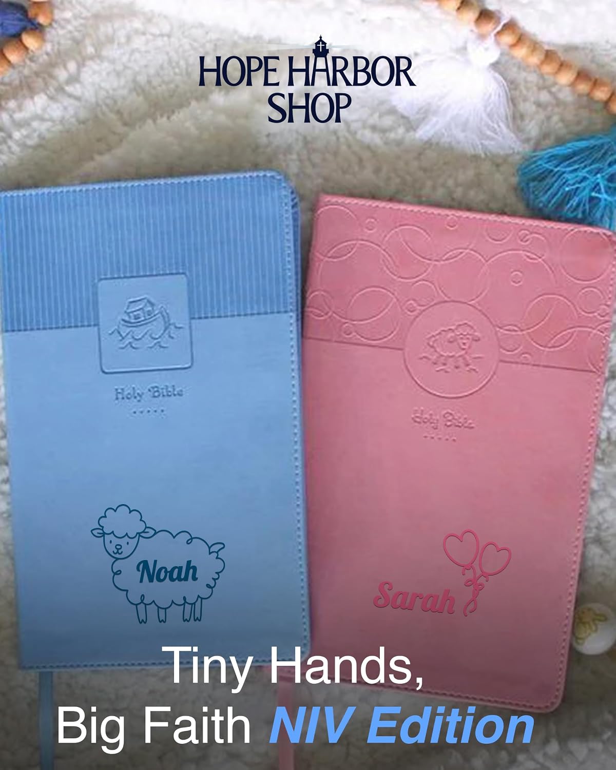 Hope Harbor Personalized Baby’s Bible with Custom Name Printed, Red Letter Edition, Comfort Print, Faux Leather Cover, Blue