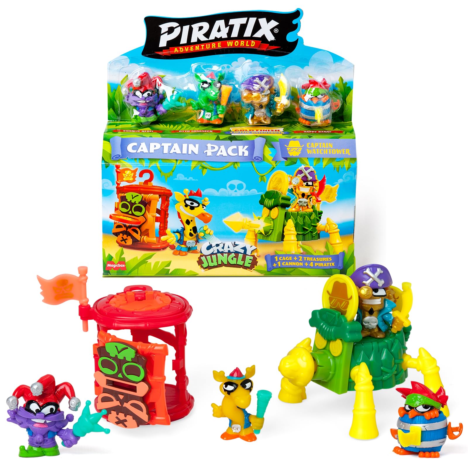 PIRATIX ADVENTURE WORLD Crazy Jungle Series – Captain Pack Watchtower: 4 Piratix, 1 golden Captain, 4 neon accessories, 1 Cage, 1 Cannon, 2 neon treasures, 2 neon flags. Pack 1 out of 7