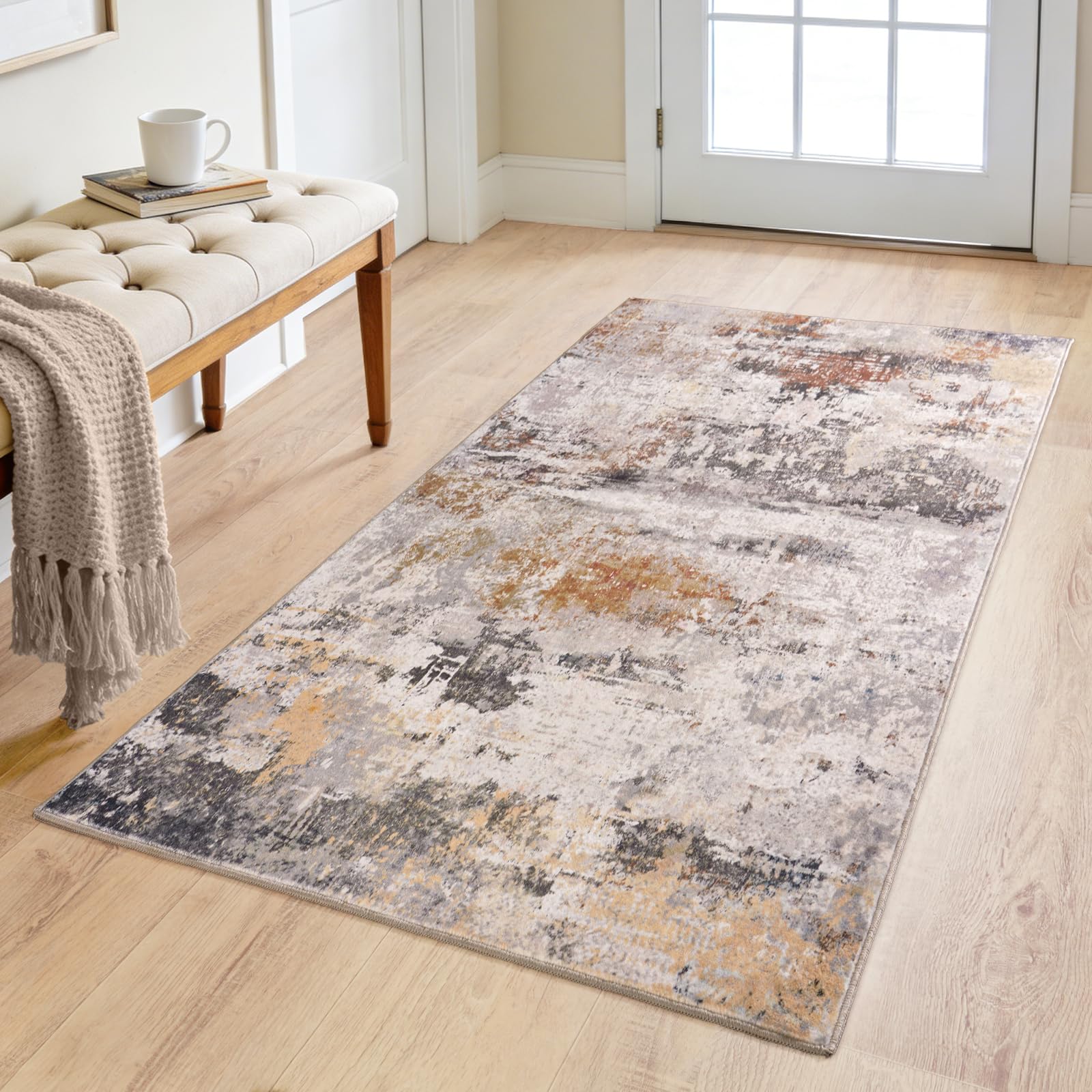 Rezutan Washable Living Room Rug 80x150cm, Modern Abstract Area Rug Soft Low Pile Non-Slip Carpet for Bedroom Lounge Dining Room Home Office Decor -Rust