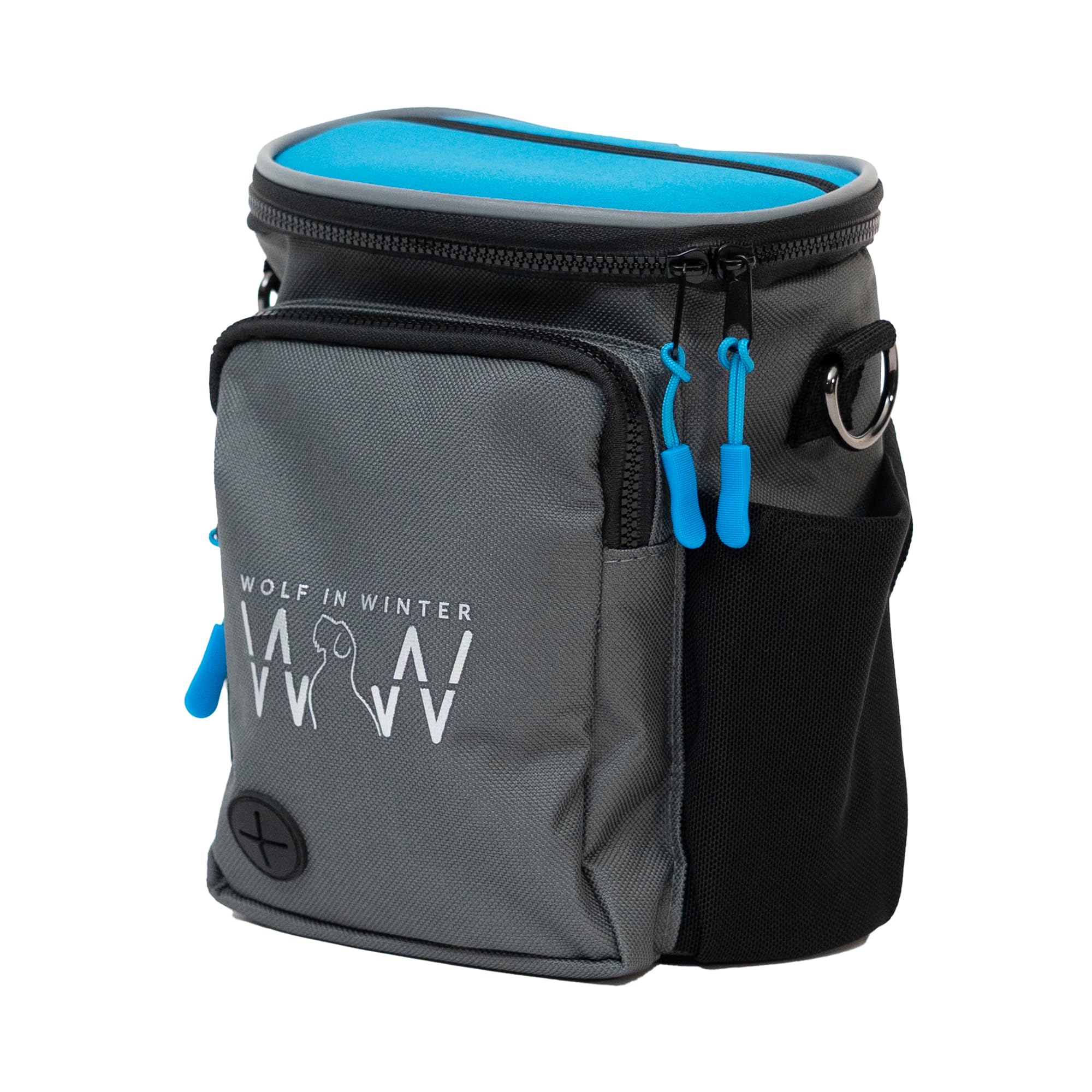 WOLF IN WINTER Multipurpose Dog Treat Bag with Neoprene Split Top Dog Training Treat Pouch Bag with Shoulder Strap, Belt and Clip and Exterior Storage Pocket (Alpine Blue)