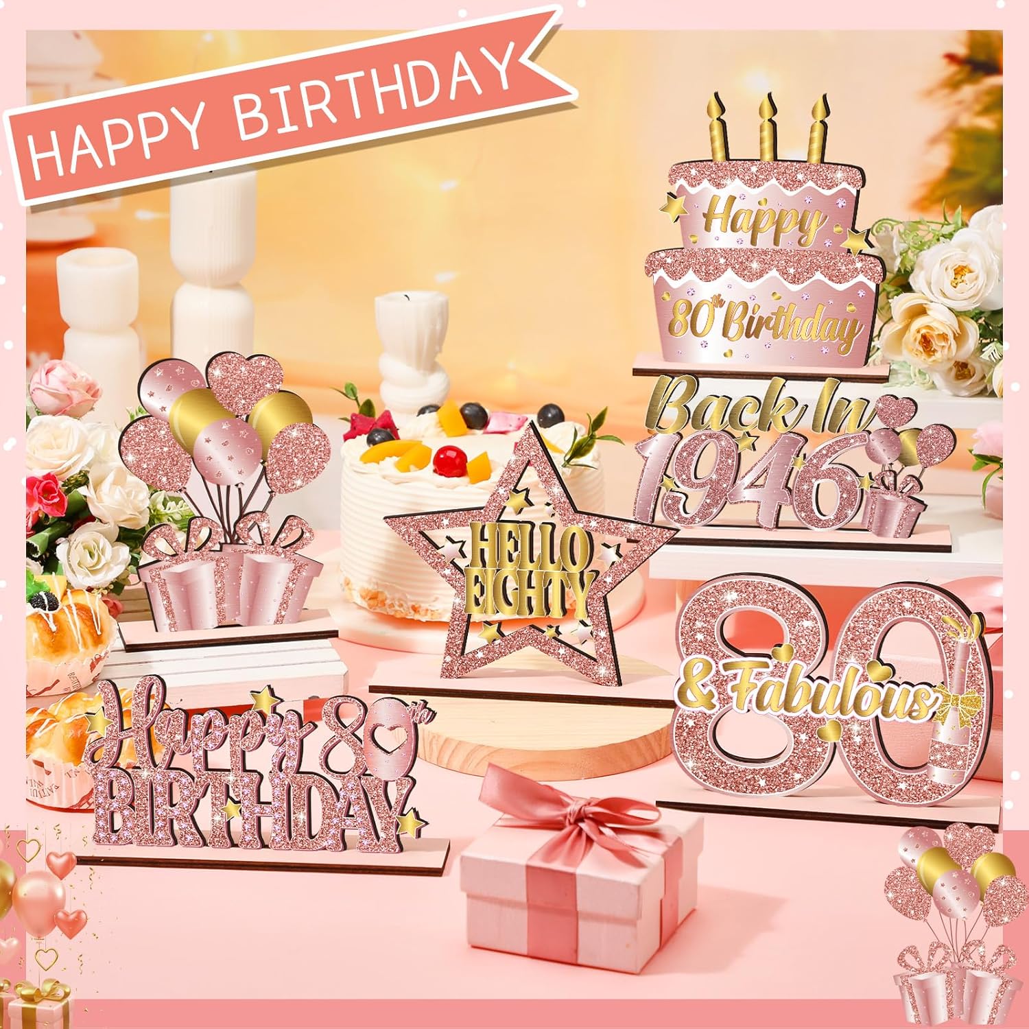 6 Pcs 80th Birthday Decoration Vintage 1946 Wooden Table Centerpieces Decoration Pink Rose Gold Hello Eighty Party Supplies Happy 80th Birthday Decorations for Women 80th Party Table Sign Decor - Image 4