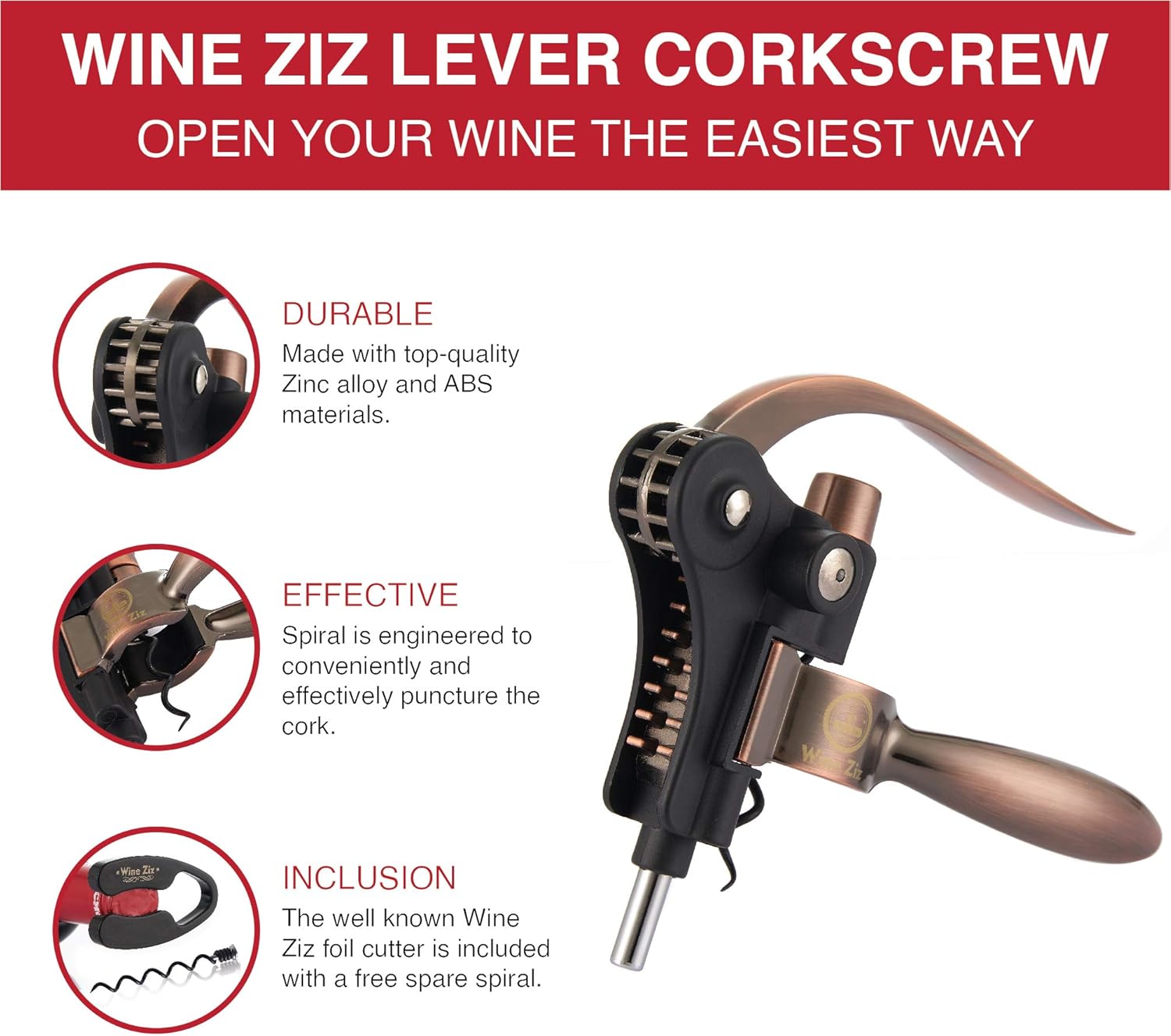 Wine Ziz Black Screwpull Lever Corkscrew Wine Bottle Opener Set with
