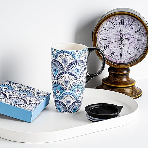 Miniatura 7 de Taza de viaje de café de cerámica de 17 onzas con asa y tapa deslizante resistente a las salpicaduras, taza de arte de té alta de porcelana de gran