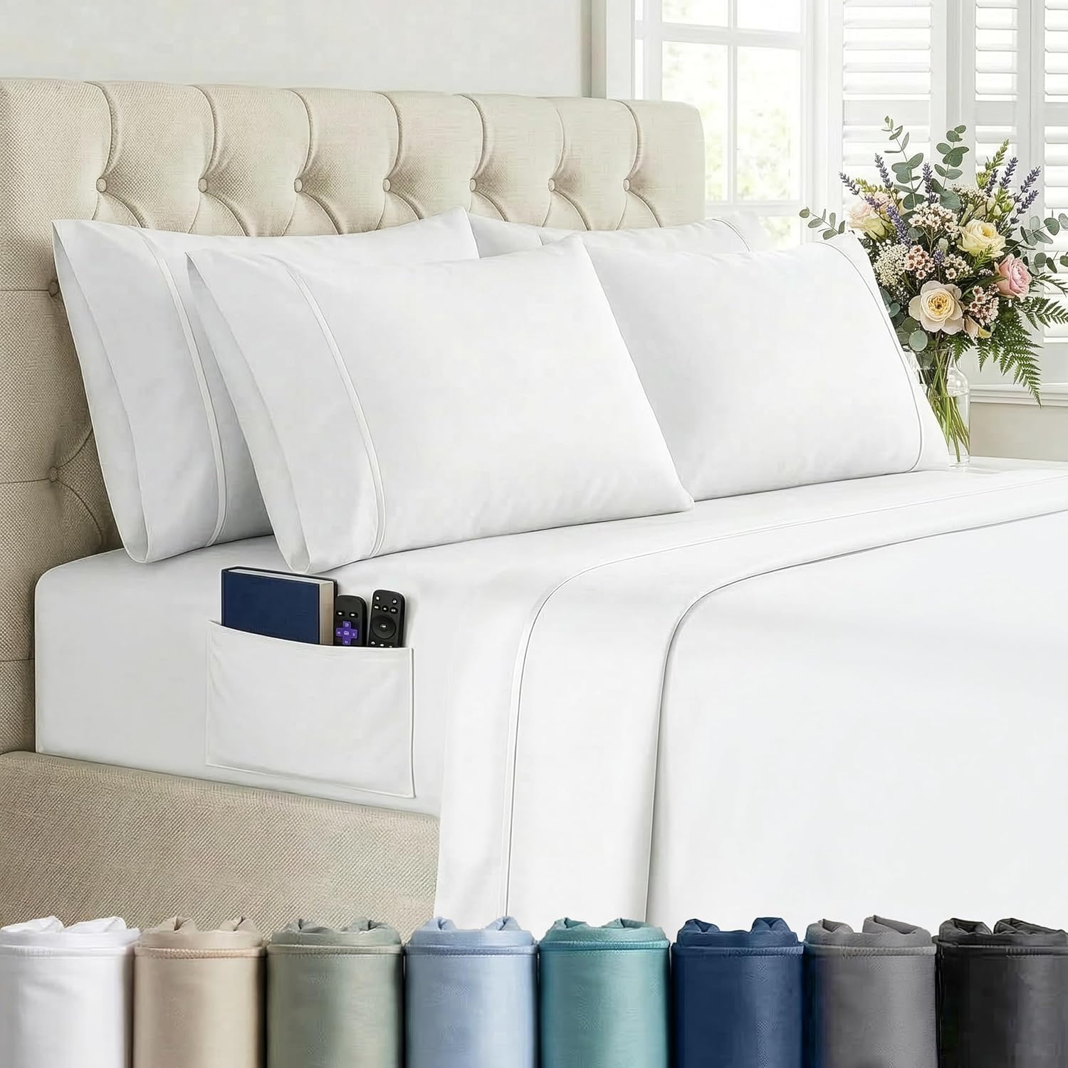 Mueller 6 Piece Queen Bed Sheets Set – Ultratemp Cooling Technology, Oeko-TEX Certified, Ultra-Soft 1800 Series, 4 Pillowcases, Deep Pocket 16", Hypoallergenic, Wrinkle-Free Hotel Bedding, White