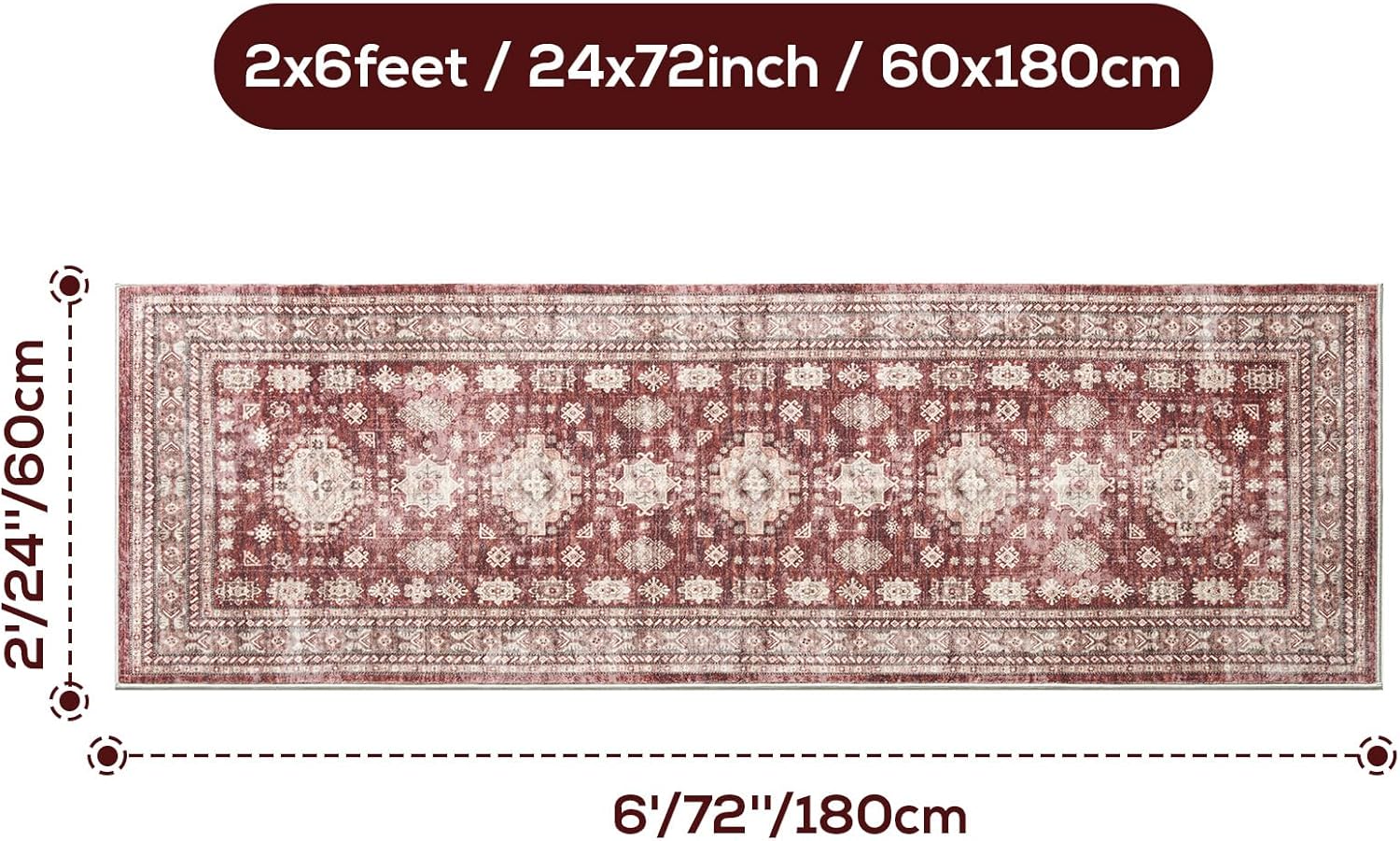 2x6 Runner Rug Non Slip Washable Carpet with Rubber Backing Soft Floral Boho Runner for Hallways, Kitchen, Laundry, Bedroom, Burgundy