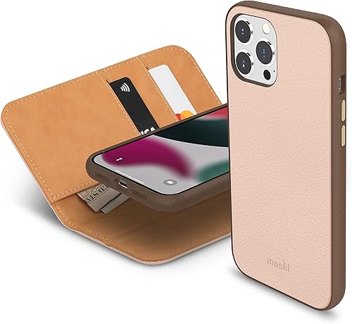 Moshi Overture - Funda tipo cartera compatible con iPhone 13 Pro Max, funda desmontable, soporte, cuero vegano, serie SnapTo, rosa luna