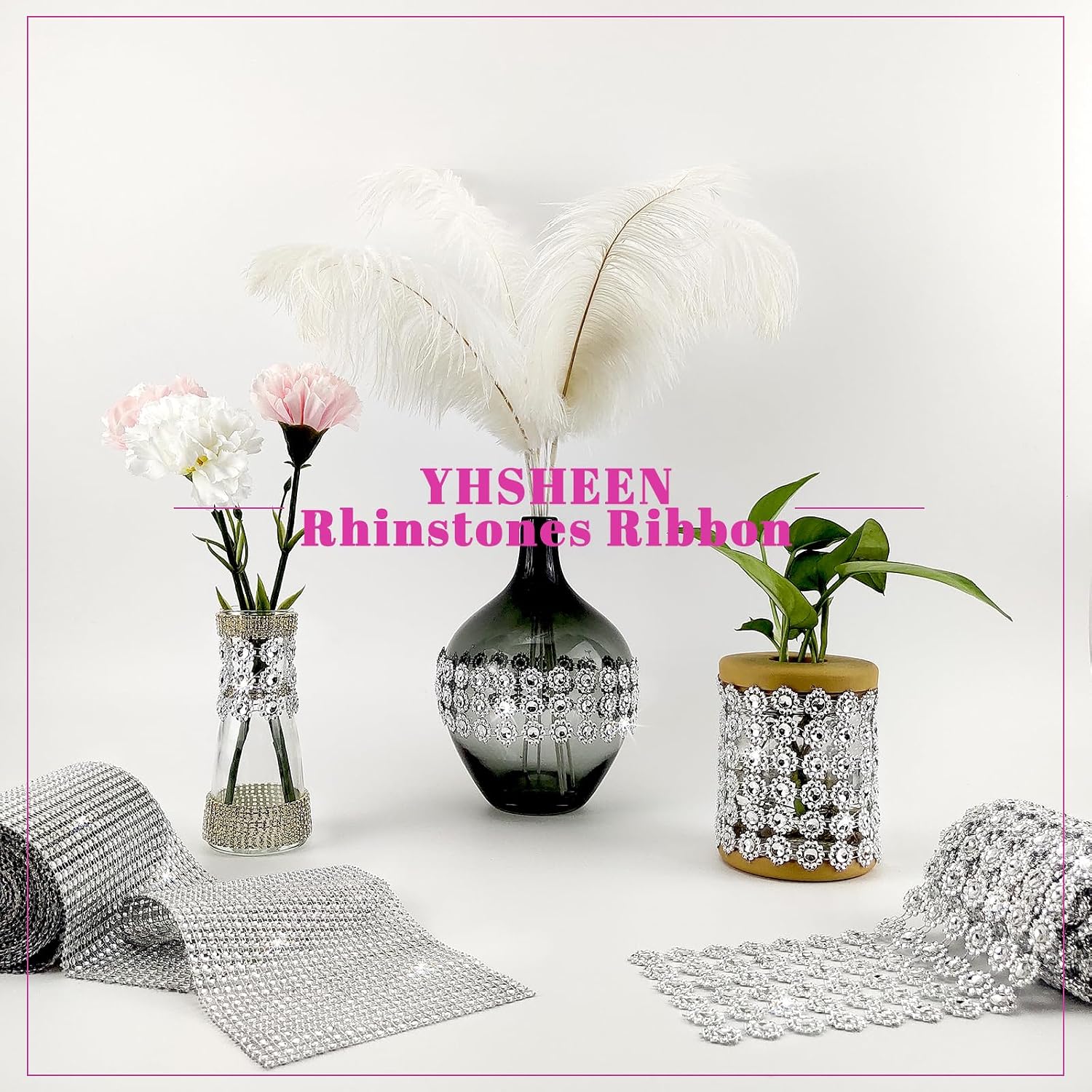 Rhinestone Mesh Fabric, 4In X 3Yards 6Rows, Bling Ribbon Roll for Crafts, Mum Ribbon Wrap Trim, Silver