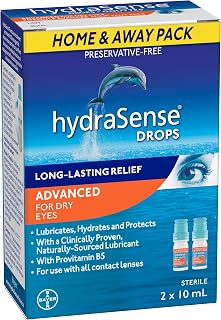 HydraSense Advanced Eye Drops, For Dry Eyes, Preservative Free, Naturally Sourced Lubricant, With Provitamin B5, Home and Away Twin Pack (2 x 10 mL), 20 mL