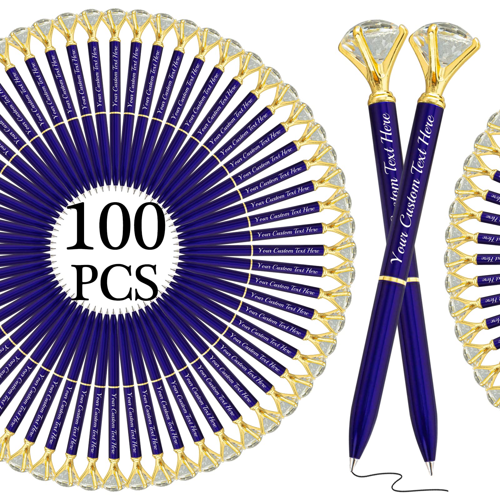 GBVllexuii 100 Pcs Diamond Pens with Crystal Personalized Blue Custom Pen with Name Bulk Engraved Metal Ballpoint Pens Customize Black Ink Bling Pens