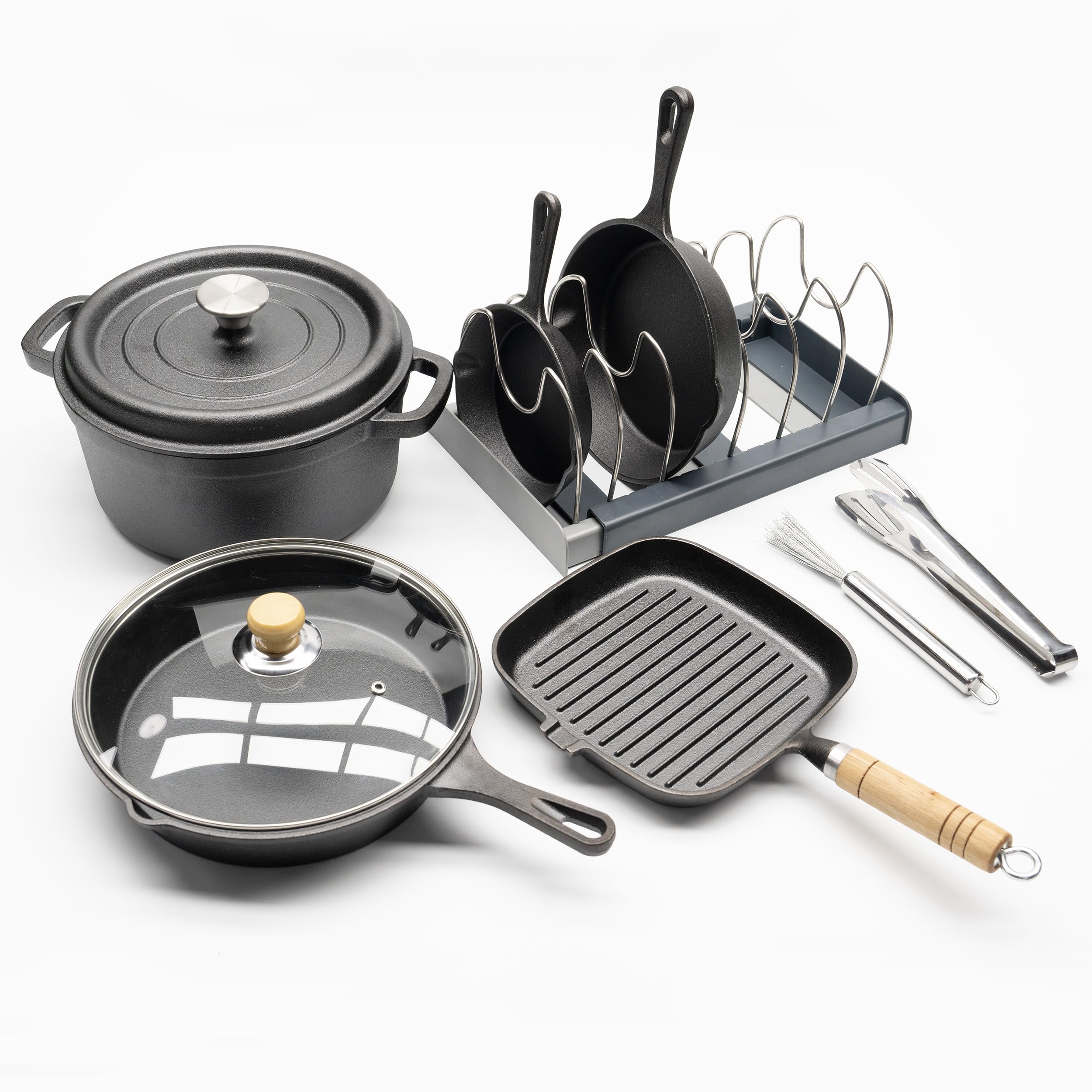 cast iron cookware set 9 Piece,6" + 8" + 10" with Lid Skillet,Round Pre-Seasoned Dutch Oven Pot with Lid and Dual Handles, Square Grill Pan,Adjustable Pots and Pans Organizer Rack