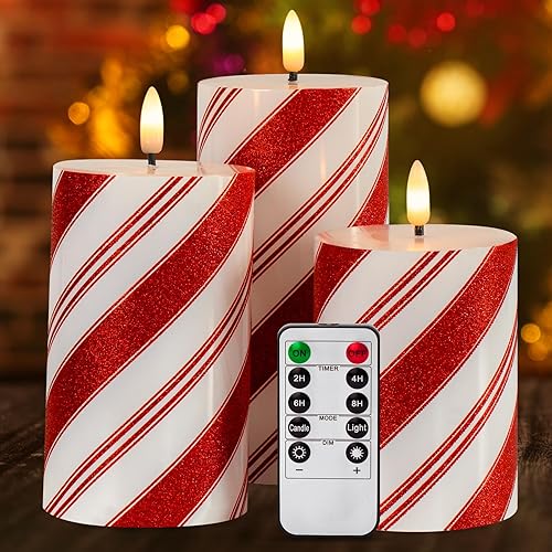 Miniatura 12 de Velas parpadeantes de Navidad sin llama con rayas rojas con purpurina, pilar de cera real, velas eléctricas LED con temporizador remoto para Rayas