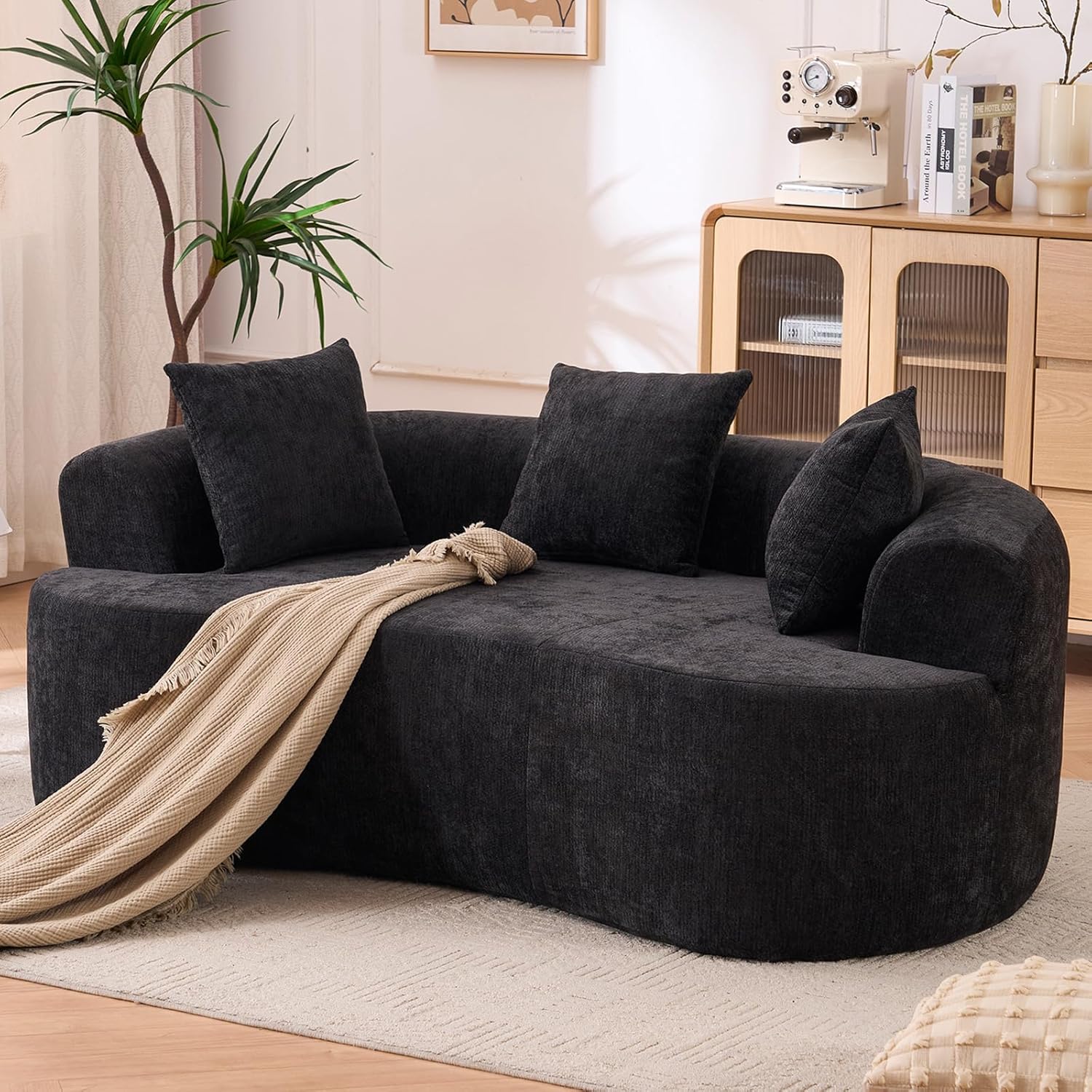 80" Curved Loveseat for Small Spaces, Black Curved Couches for Living room, Compression Sofa in a Box with 3 Pillows, Small Couch for Bedroom with Wide Armrest & Memory Foam, No Assembly Required