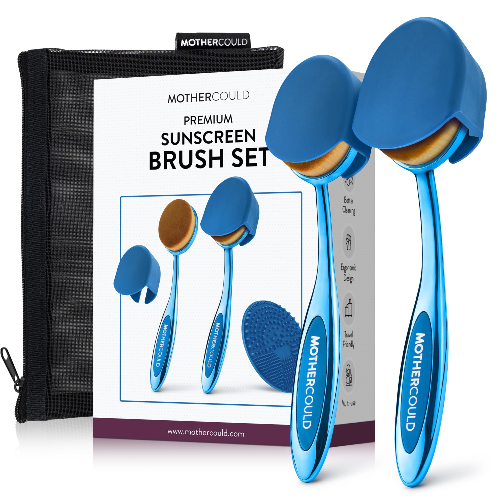 Mothercould Premium Sunscreen Brush Set for Children and Baby Sunscreen Applicator with Metal Handle, Travel Case, 2 Brushes, 2 Caps, and Non-Stick Cleaning Mat, Sun Care (2-pack) (Blue)