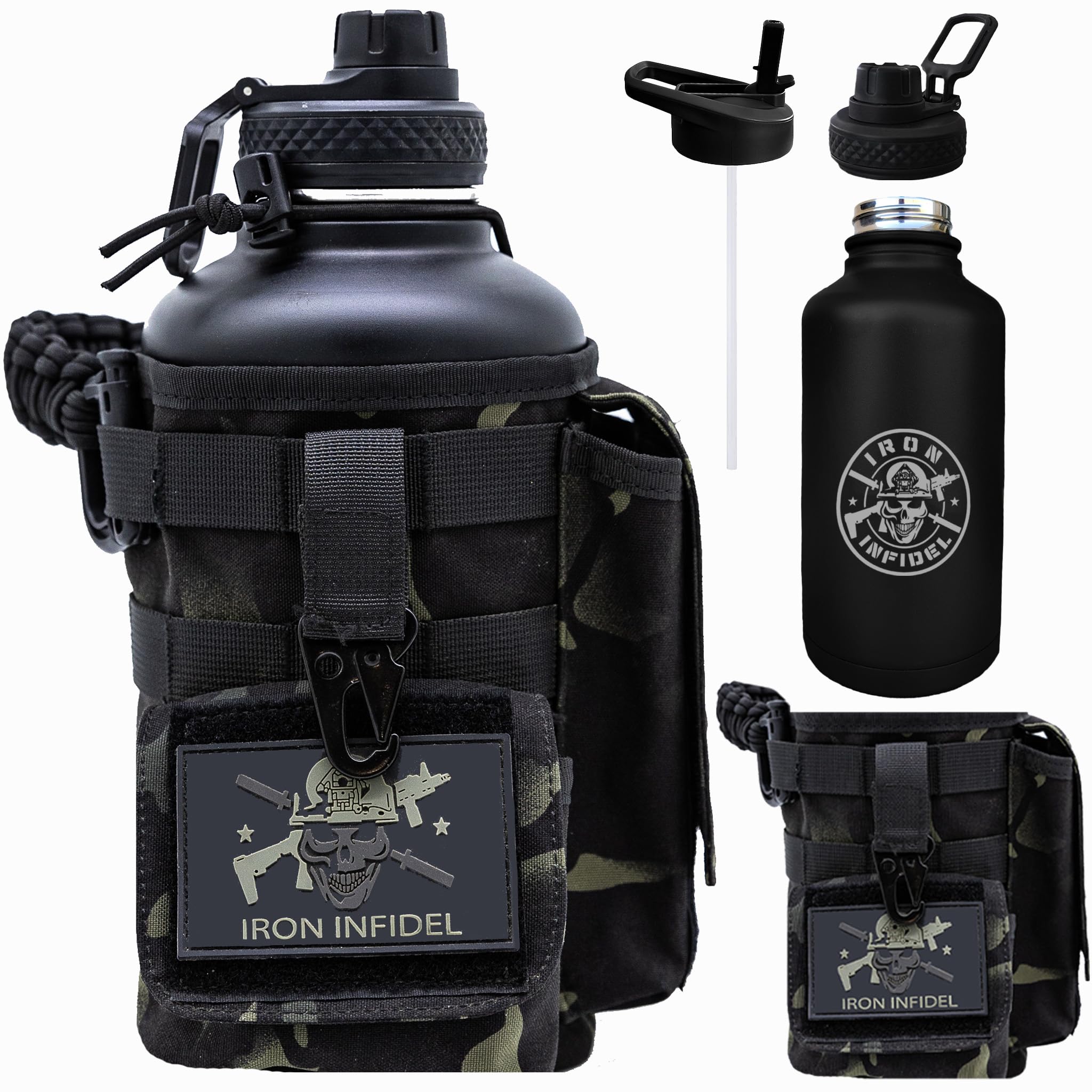Iron Infidel Battle Bottle - Half Gallon Insulated Water Bottle with Paracord Handle - Large 64 oz Stainless Steel Water Jug & Rugged, Removable Sleeve For Keys, Wallet, Phone (Black Camo 2 Liter)