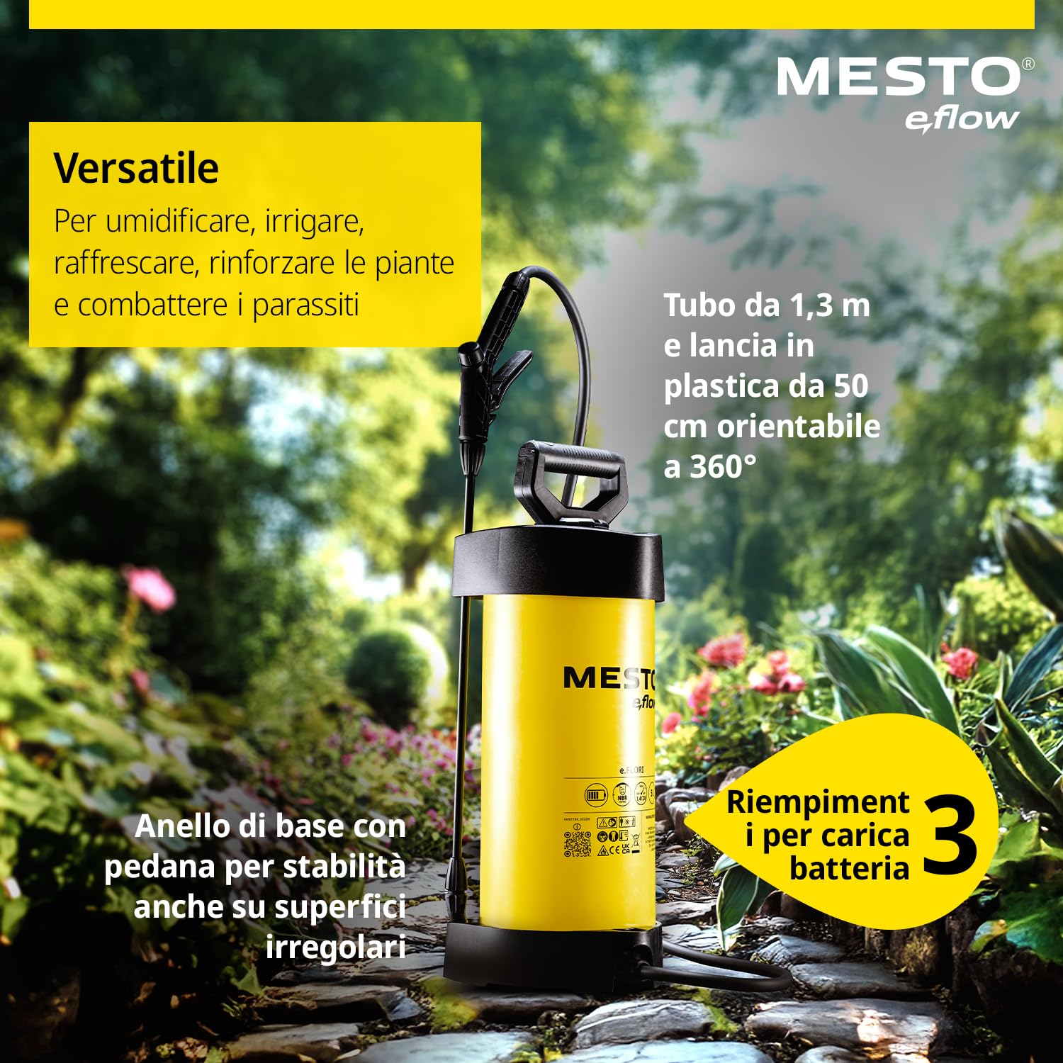 MESTO e.FLORI COMPACT Spruzzatore elettrico 3 L | Spruzzatore a pressione | Nebulizzatore a batteria 1,4 bar | Pompa irroratrice a batteria da giardino per acqua, fertilizzanti, diserbo | Giardinaggio