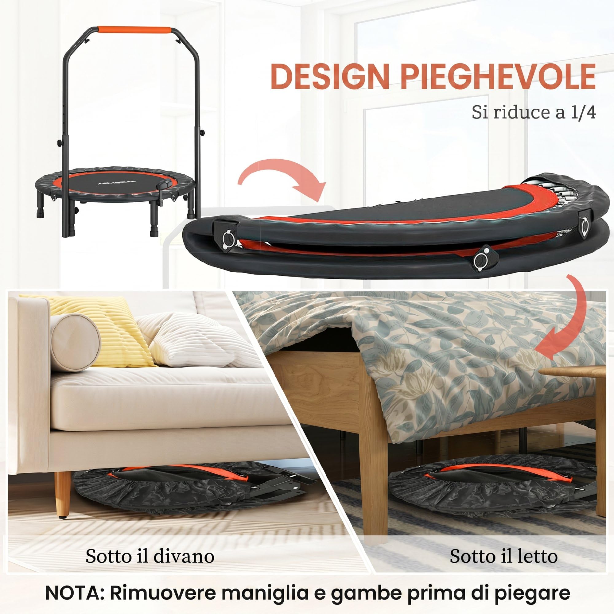 HOMCOM Trampolino Elastico Pieghevole Ø102 cm con Manubrio Regolabile 99-123cm, Trampolino da Fitness con Monitor LCD per Adulti, Tappeto Elastico per Esercizi Indoor, Nero