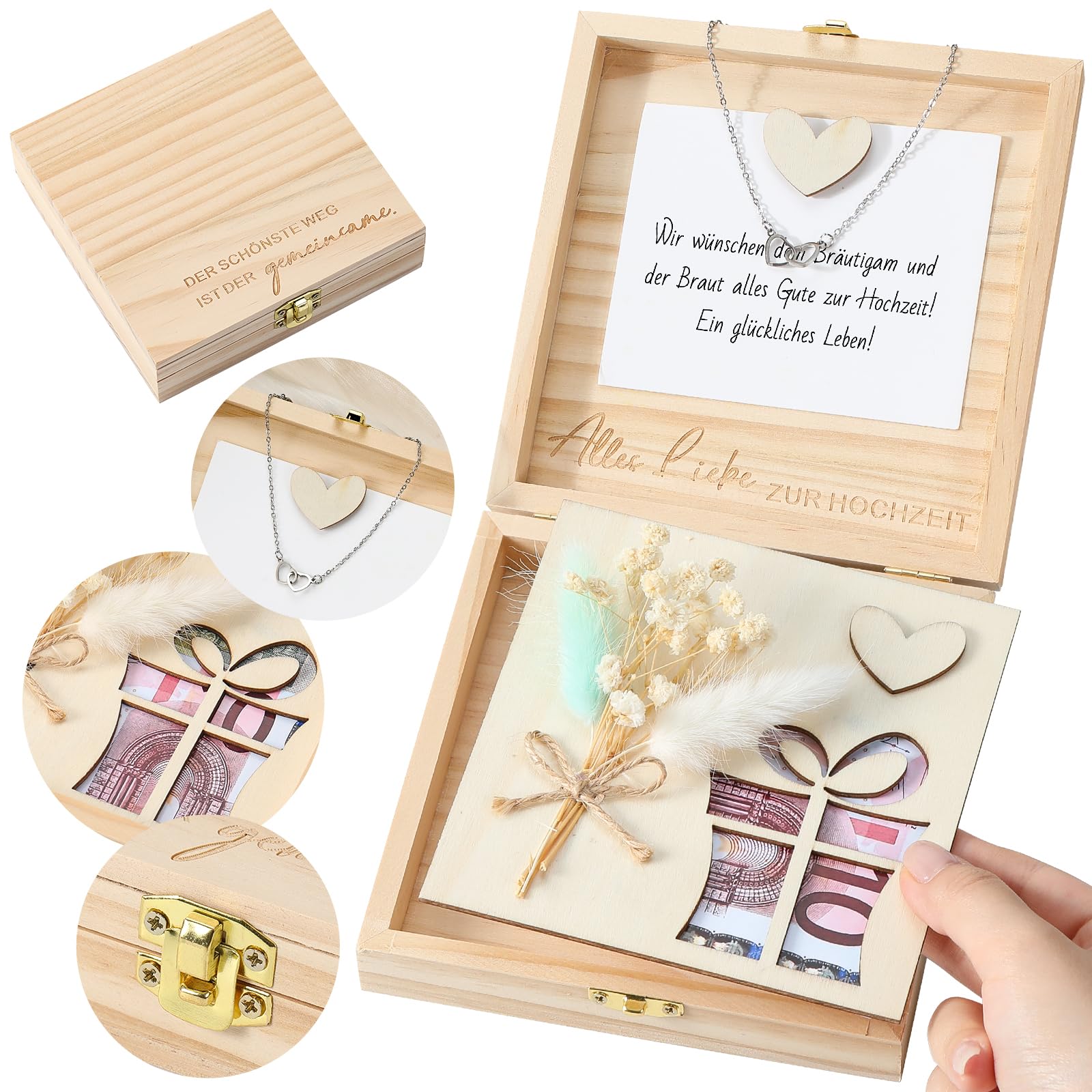 Geldgeschenk Hochzeit Holz, Geldgeschenke zur Hochzeit, Hochzeitsgeschenk Geld, mit Hochzeitskarte Trockenblumen, Hochzeitsgeschenke für Brautpaar, mit Herzförmiges Armband,14 x 14 x 3,5 cm