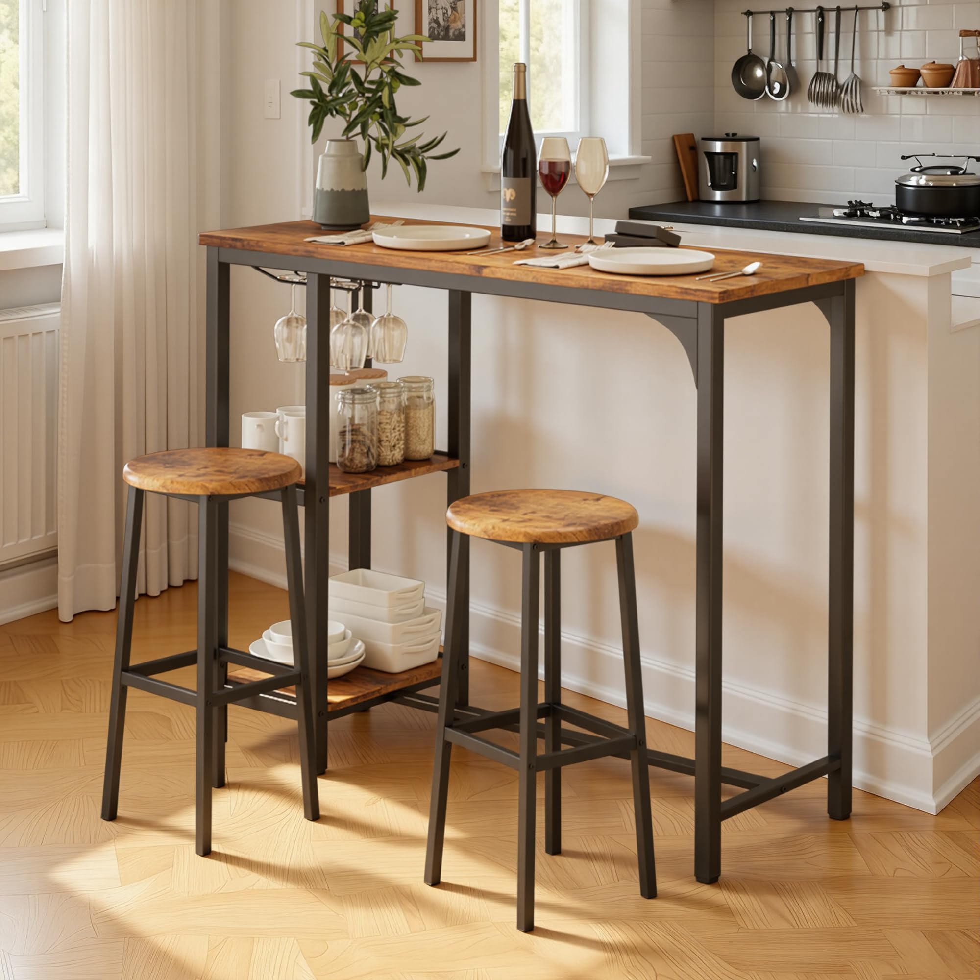 Set de Bar, Set de Bar 3 pièces avec 2 tabourets de Bar, Table de Bar pour Cuisine avec 2 étagères et Porte-Verres, Table de pub Multifonction pour Salon et Salle à Manger (Rétro)