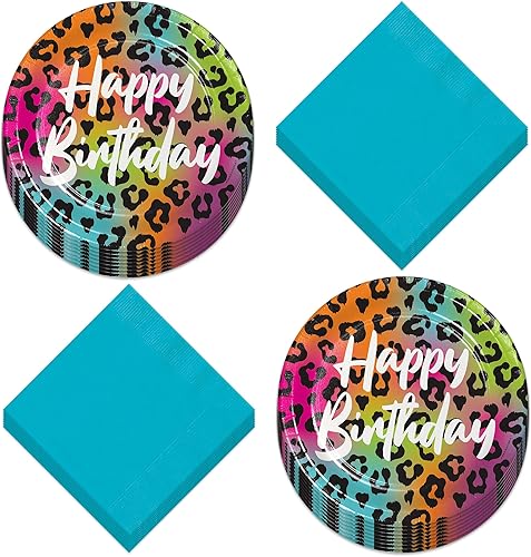 Live It Up Party Supplies Wild Child - Platos de postre de papel con estampado de animales de feliz cumpleaños y servilletas de color verde azulado