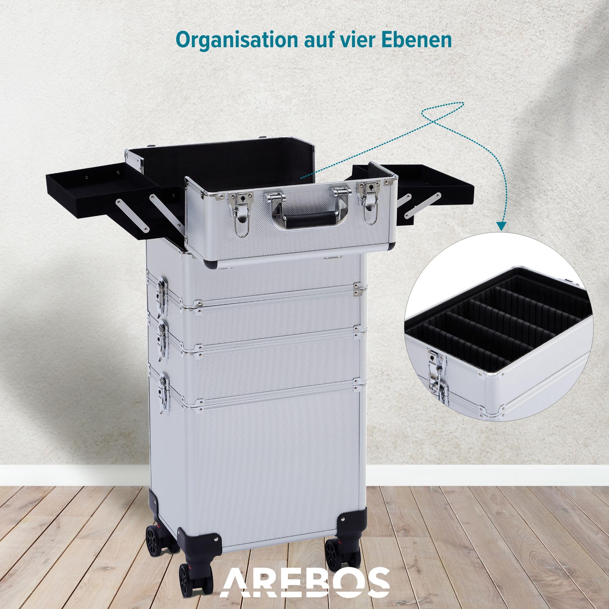 Arebos 4-in-1 Kosmetikkoffer | 4 Fächer & 1 Schublade | Teleskop- und Tragegriff | 8 Schlösser | 4X 360°-Rollen | Samtfutter | Trolley | Make-Up Koffer | Silber