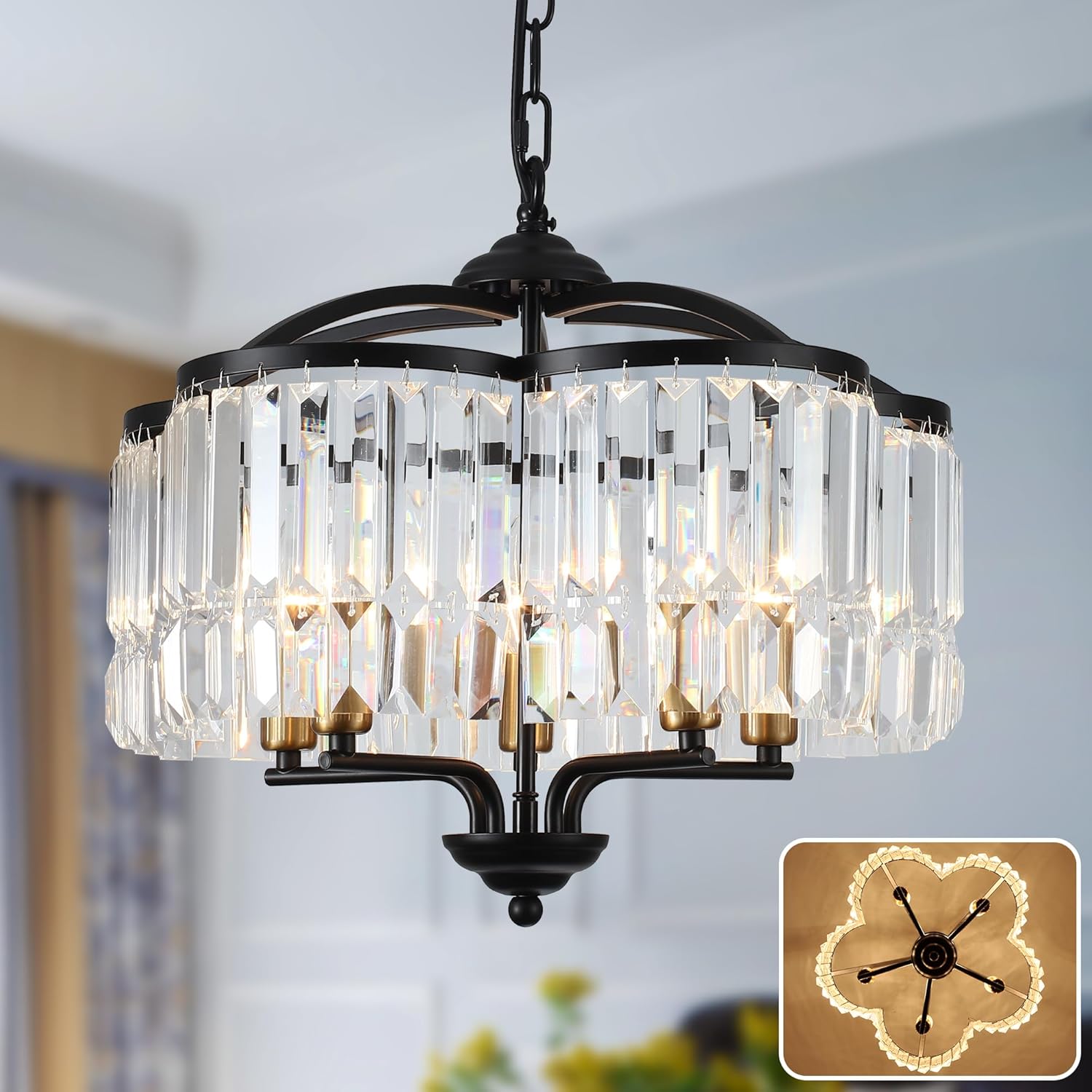 Modern Crystal Chandelier for Dining Room 5 Lights Black Farmhouse Pendant Light Fixture K9 Crystal Adjustable Hanging for Foyer Bedroom Living Room Hallway Kitchen