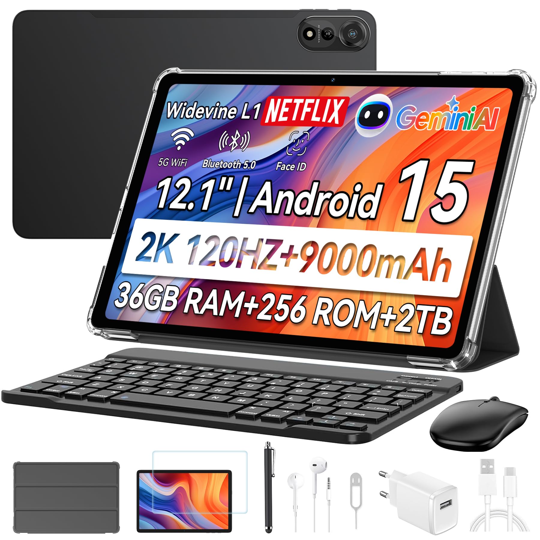 Blackview Mega2 Android 15 Tablet 12 Zoll, 24GB RAM+256GB ROM, 2K FHD Gaming Tablet mit Tastatur Maus Stift Kopfhörer, 4G LTE+5G WiFi, 9000 mAh, WideVine L1, Dual Kamera, Face ID, GPS, Hülle