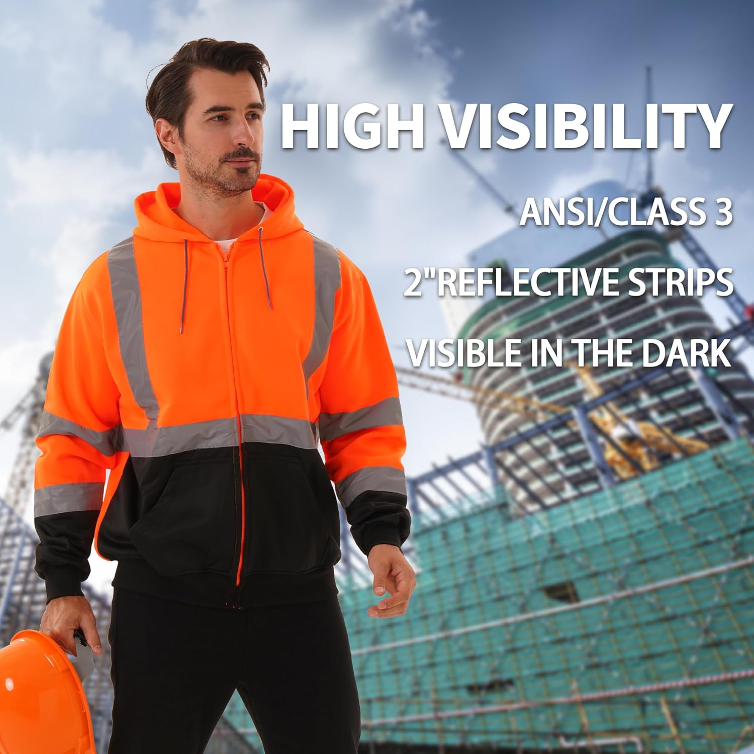 High Visibility Hoodie for Men Class 3 Hi Vis Safety Hoodies Reflective Construction Sweatshirt with Pockets