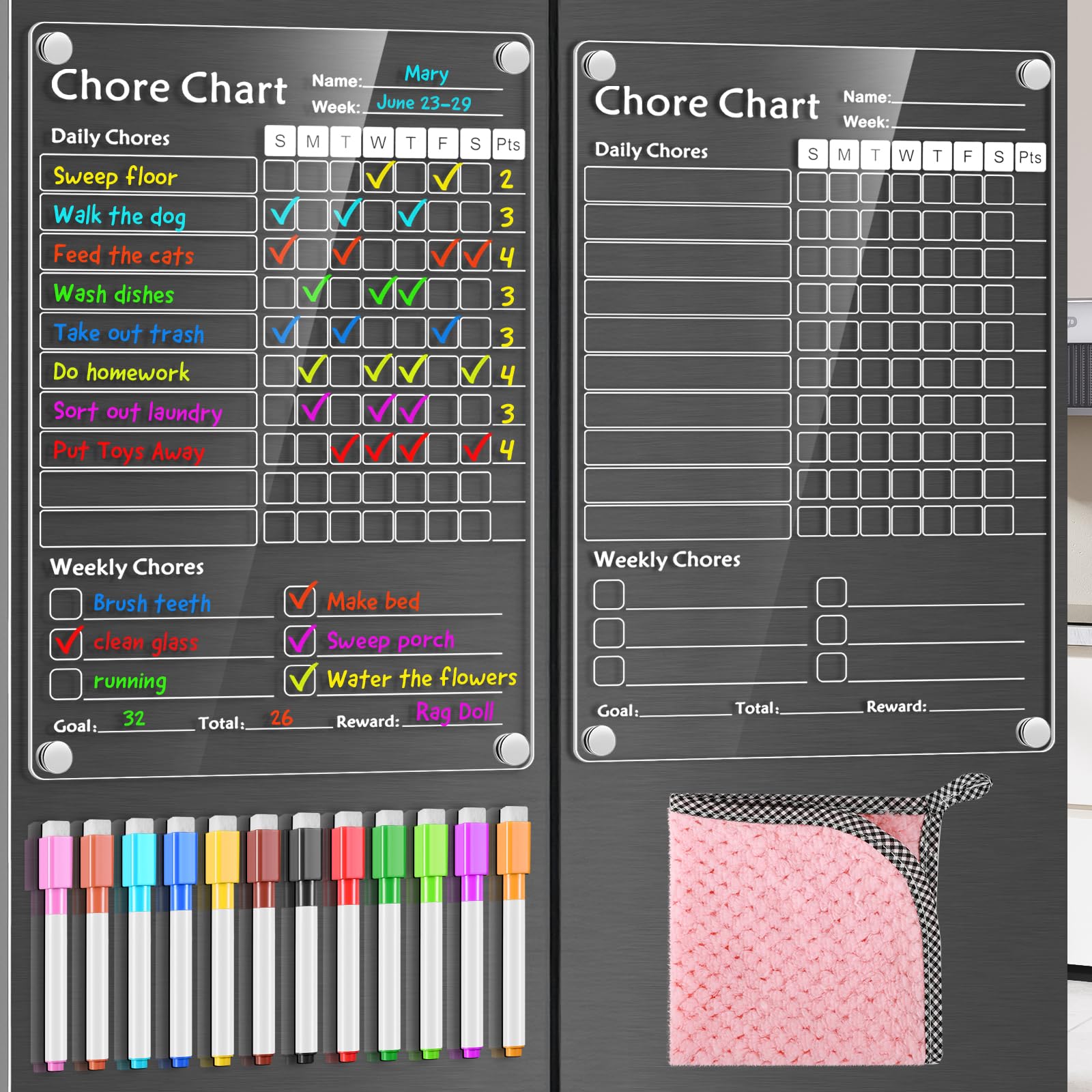 Acrylic Magnetic Chore Chart for Kids,Chores Chart for Fridge Refrigerator,Dry Erase Behavior Chore Chart for Multiple Kids,Reward Chart for Multiple
