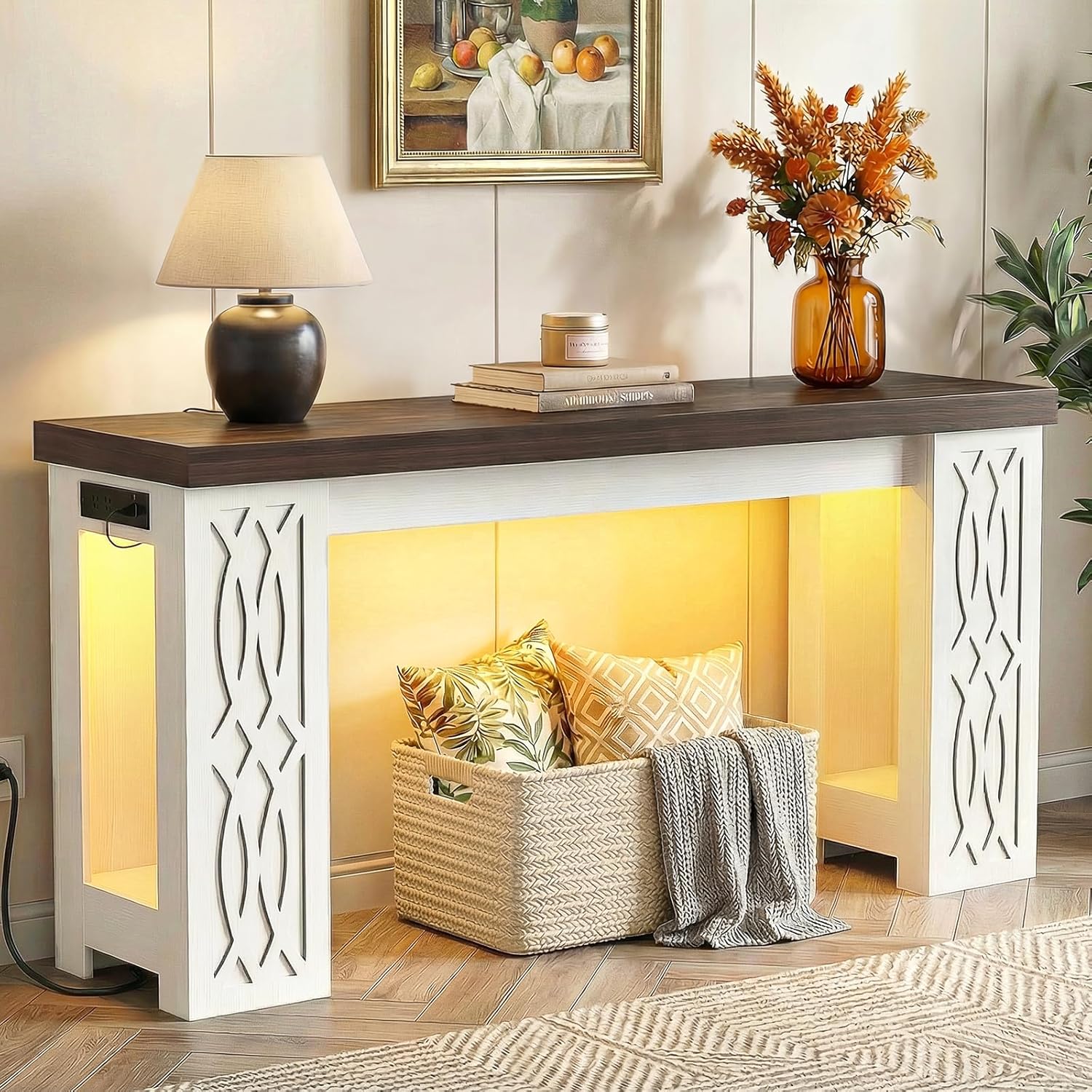 Cyclysio 63" Console Table with Outlet, Farmhouse Entryway Table with Colorful LED Lights, Wooden Sofa Table with Unique Carved Design, Foyer Accent Table for Entrance, Hallway, Living Room