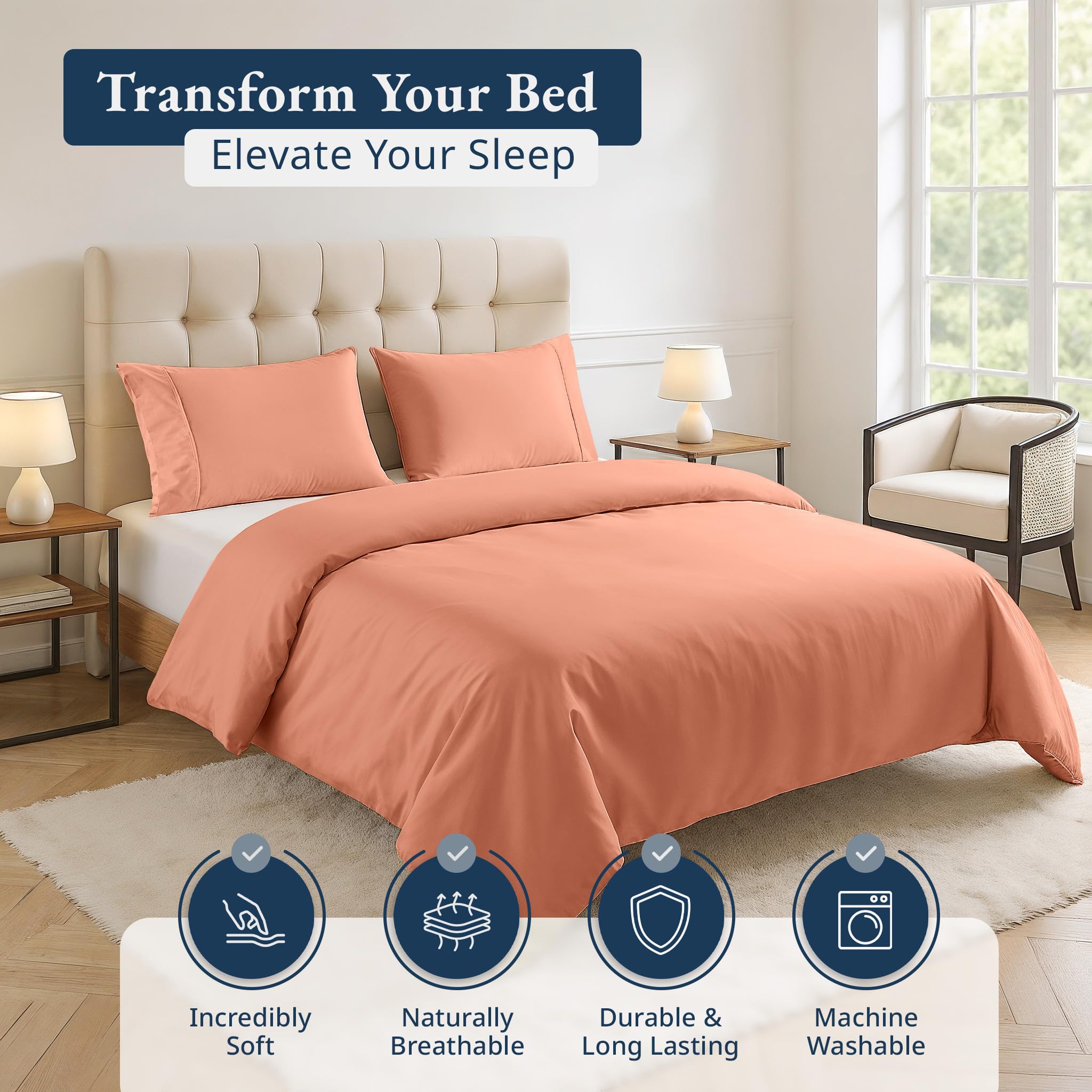 LANE LINEN Organic Cotton Duvet Cover King Size, 3-Piece Bedding Set, Soft Breathable Fabric, Includes 1 Duvet Cover 230 x 220 cm and 2 Pillow Shams - Comforter Not Included - Rose Dawn - Image 3