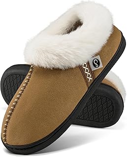 Slippers for Women House Shoes: Comfy Memory Foam Slippers with Fuzzy Faux Fur Collar Non-skid Rubber Sole Indoor/Outdoor