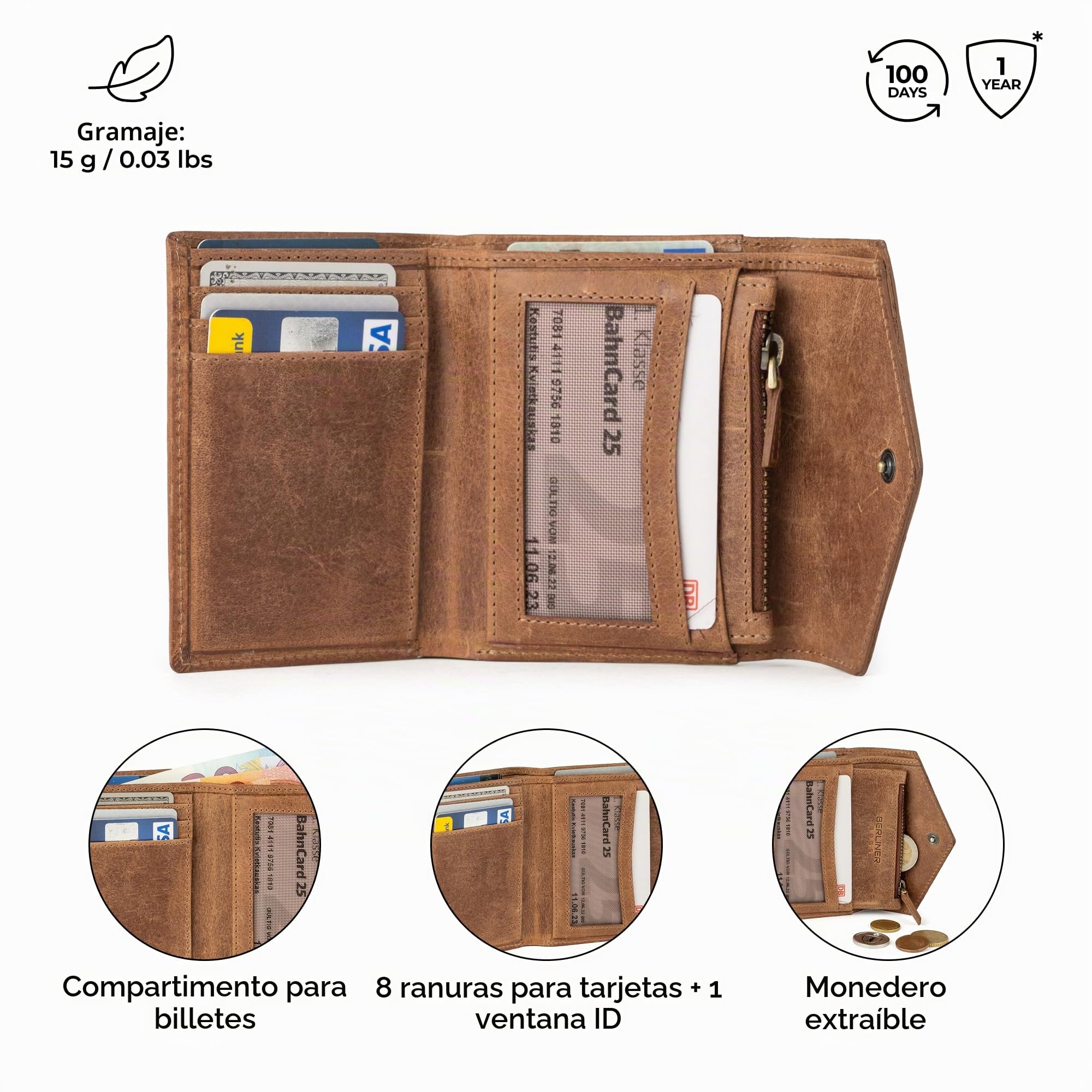 Berliner Bags Katy Monedero Pequeño de Piel para Mujer, 3 Compartimentos