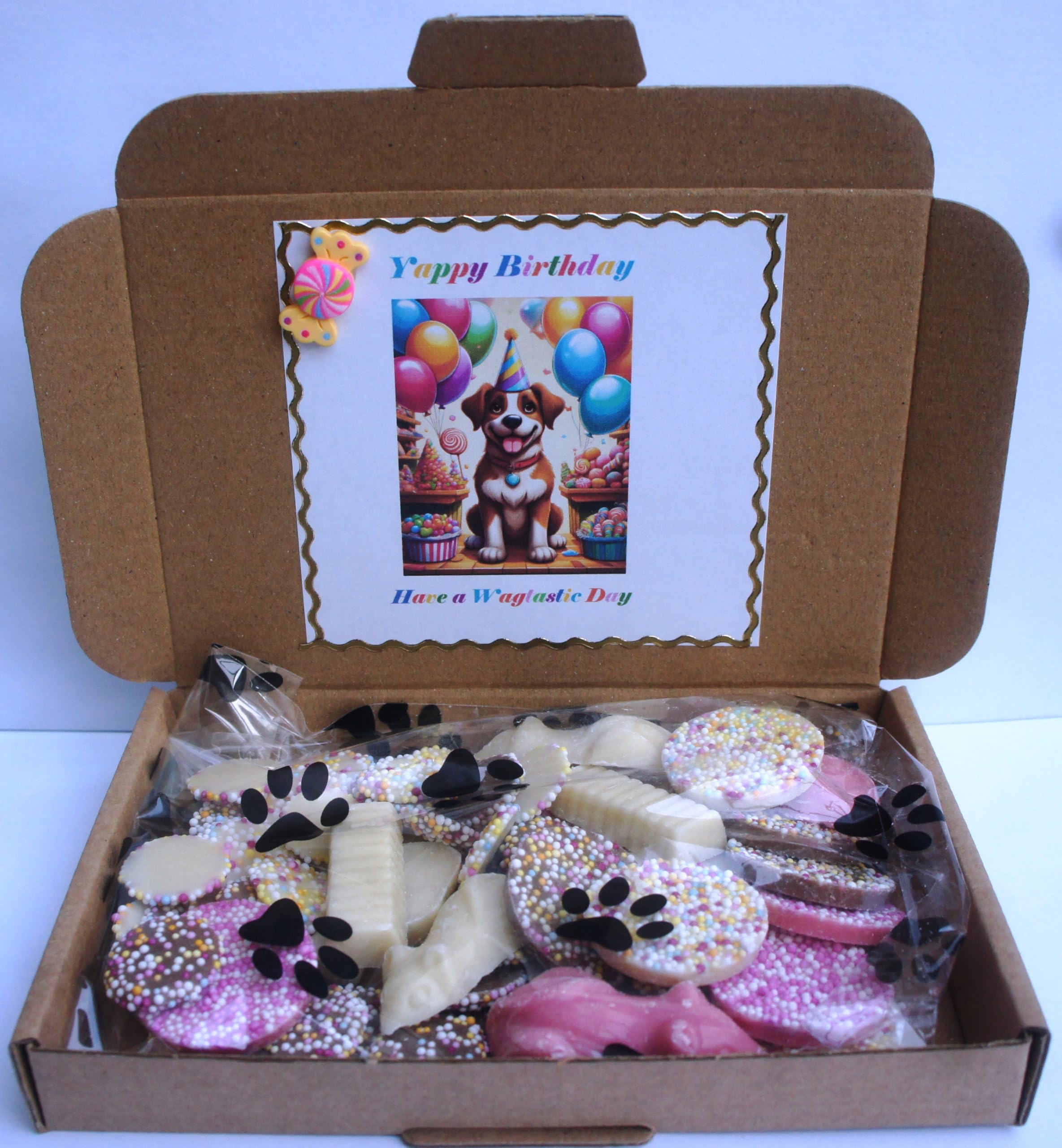DOG CHOC BIRTHDAY GIFT BOX WITH FUN LABELS AND DECORATION AND DOGGY SAFE MONSTER CHOC TREATS SMALL C6 SIZE - LETTER BOX FRIENDLY