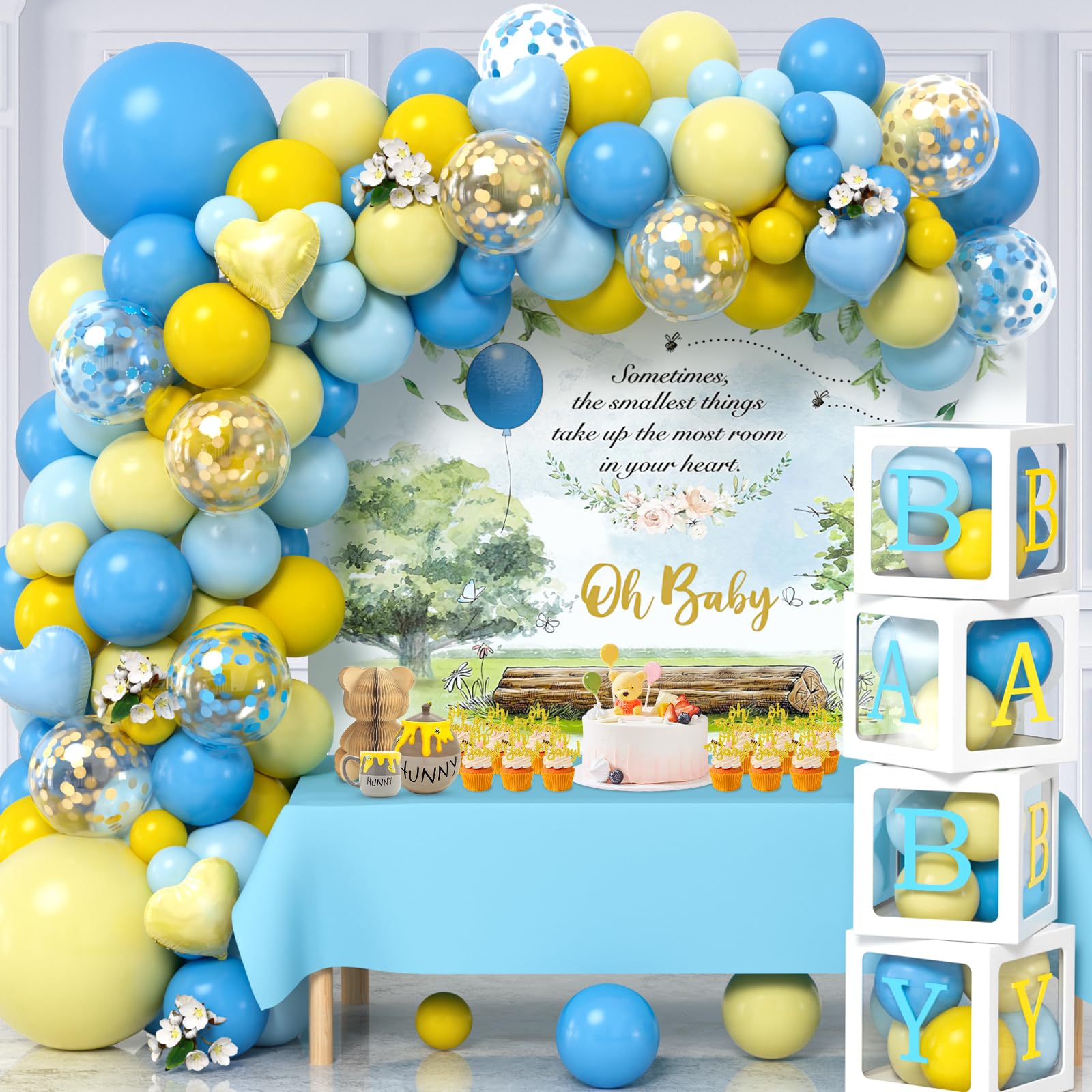 ESAG 156Pcs Bear Baby Shower Decorations Boy, Baby Boxes with Letters (Baby+A-Z) Blue and Yellow Balloon Arch Kit Oh Baby Backdrop Tablecloth, Kids Birthday Party Supplies Baby Boy Shower Decorations