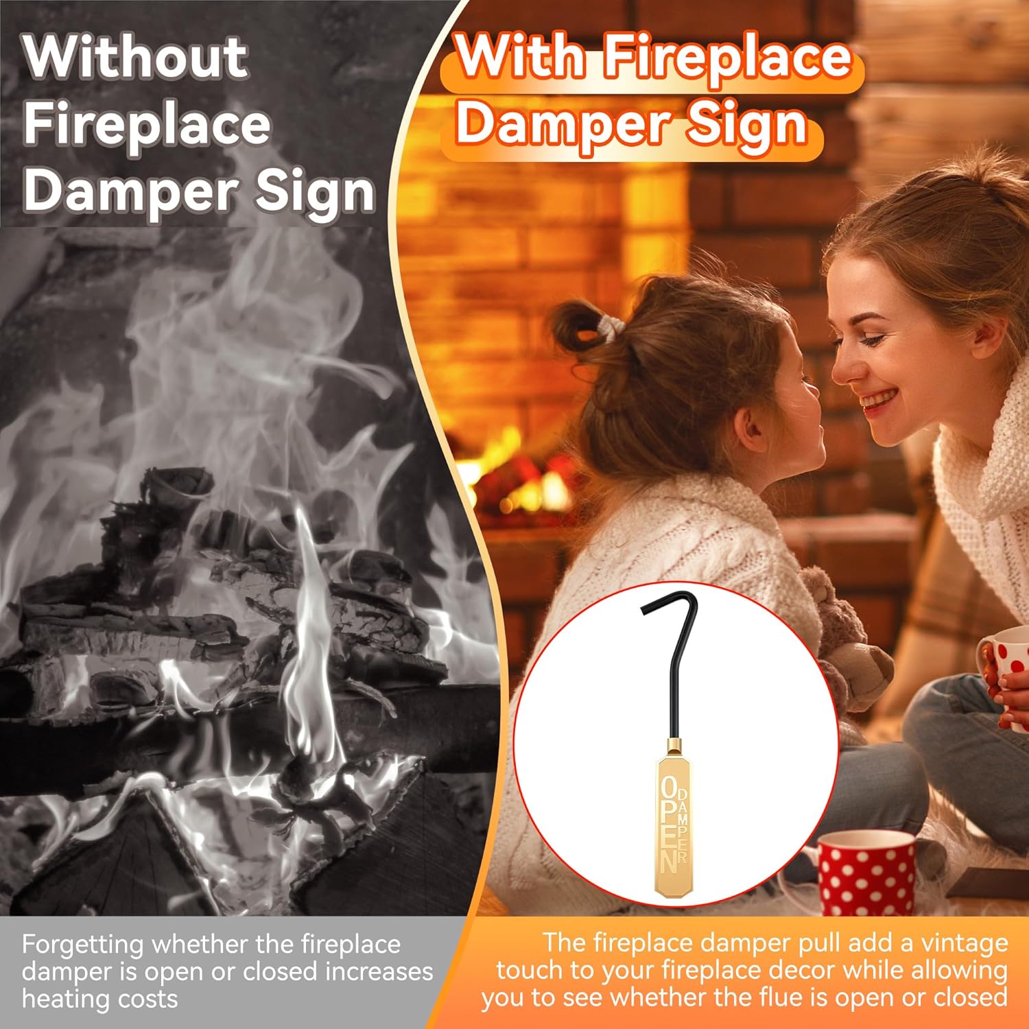 Saillong 2 Pcs Solid Brass Open/Closed Fireplace Damper Sign, Metal Fireplace Damper Pull with Solid Brass Handles, Vintage Metal Home Decorations