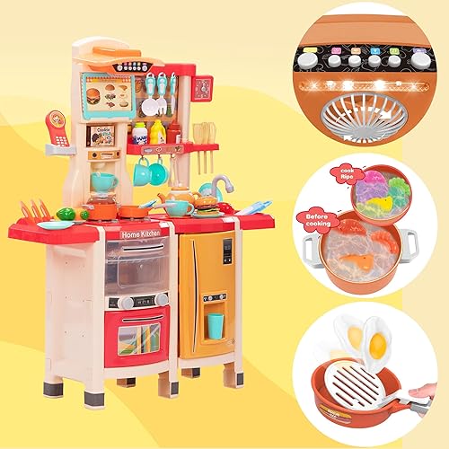Miniatura 3 de Juego de cocina para niños, cocina de juego de simulación de 39.4 pulgadas de alto para niños de 1 a 3 años, 65 piezas para niños de 4 a 8 años con