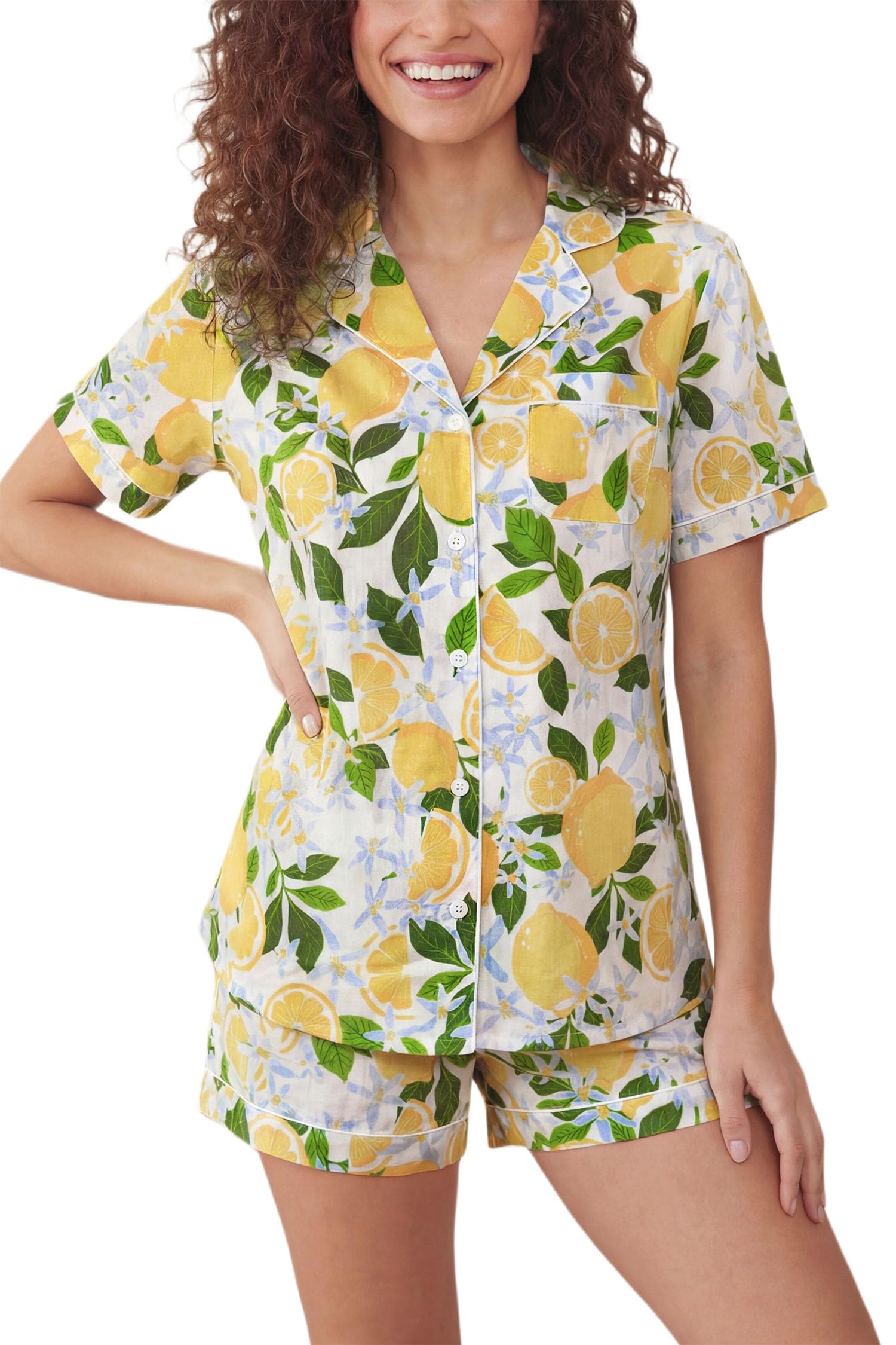 LUBOT 100% Cotton Pajamas for Women 2 Piece PJ Set Poplin Woven Lightweight Ladies Button Short Sleeve Sleepwear S-XXL
