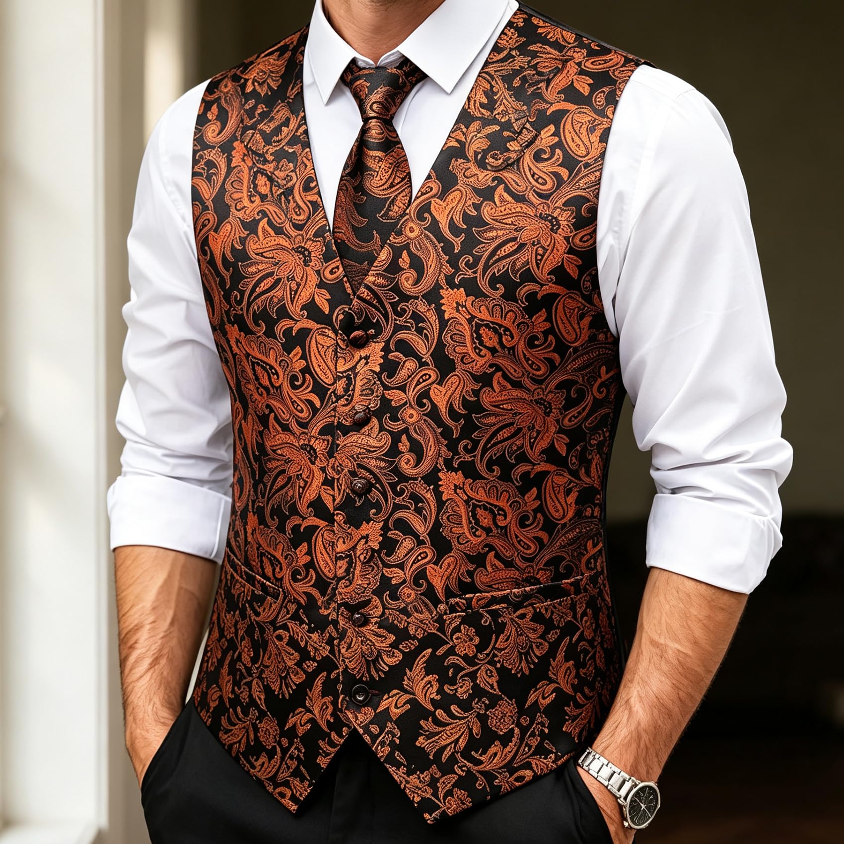 YourTies Gilet pour homme en soie jacquard floral cachemire gilet cravate poche carré boutons de manchette pince à cravate mariage formel