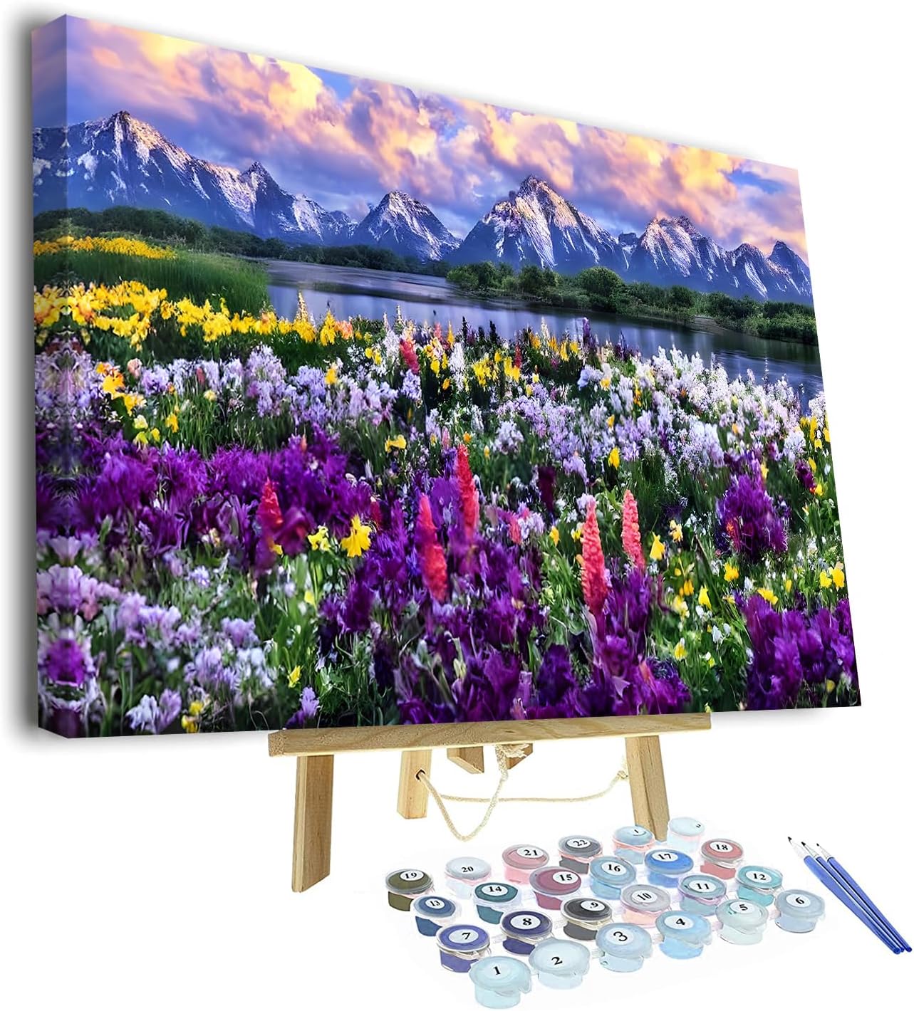 Flowers and Lake Near the Mountain Paint by Numbers Kit for Adults, Beautiful Natural Landscape Paint by Number Kits, DIY Paint by Numbers on Canvas Art for Home Wall Decoration 16x20 Inch with Frame