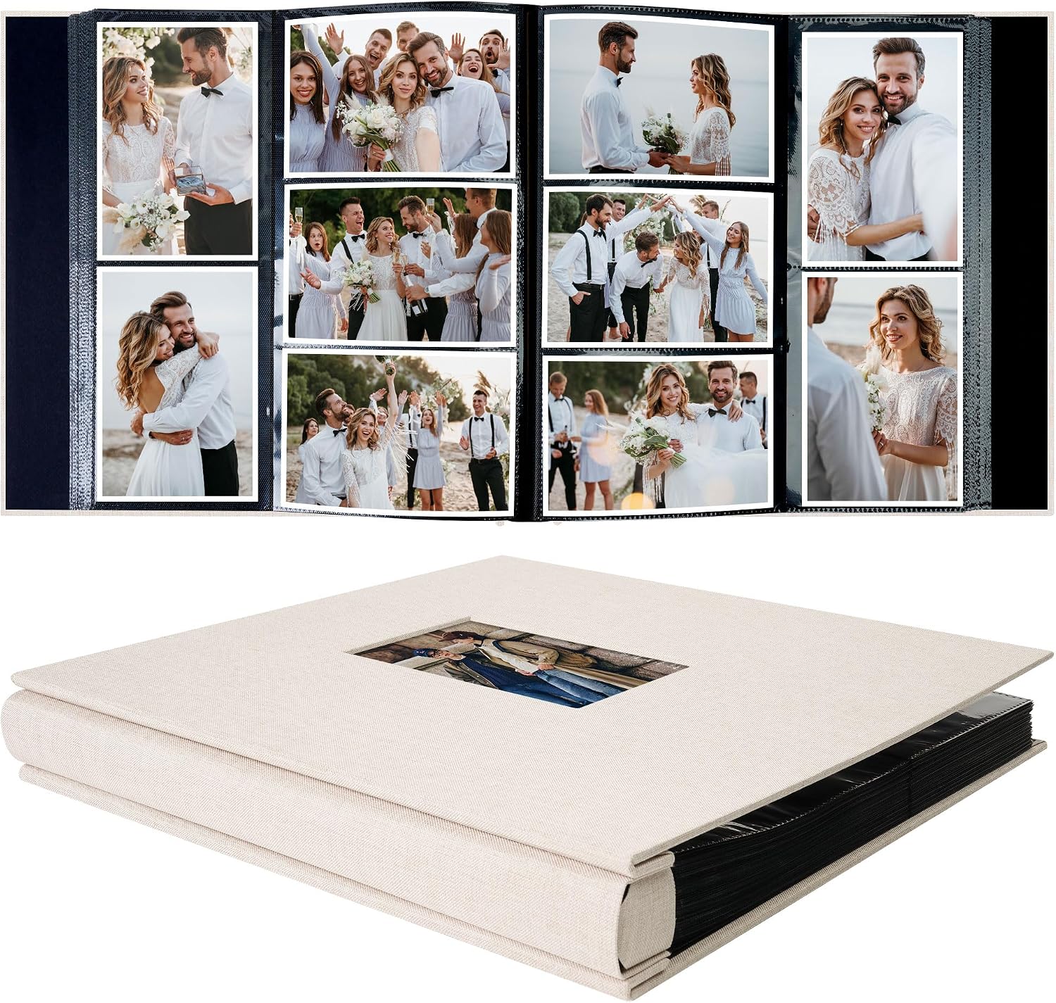 Vienrose Fabric Cover Photo Album 4x6 Pictures 600 Pockets Memory Book with Front Window for Wedding Baby Family, Beige