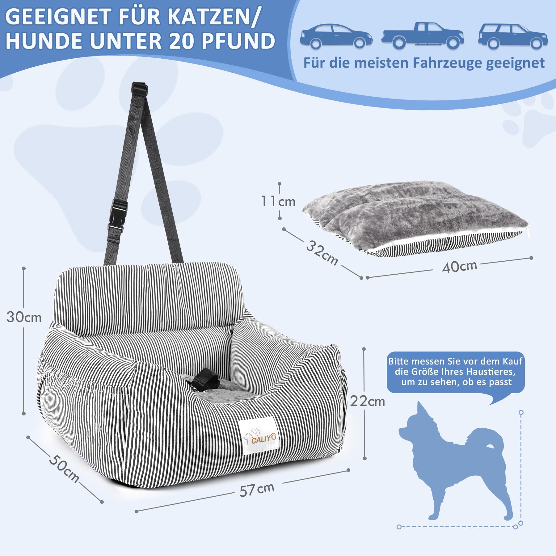 CALIYO Hundeautositz mit Stabiler Basis & Sicherheitsgurt | Hundesitz Auto für Kleine bis 10 kg | Memory Foam-Sitzauflage | Wasserdichter, Abwaschbarer Hundekorb mit Aufbewahrungstasche (Schwarz/Weiß)