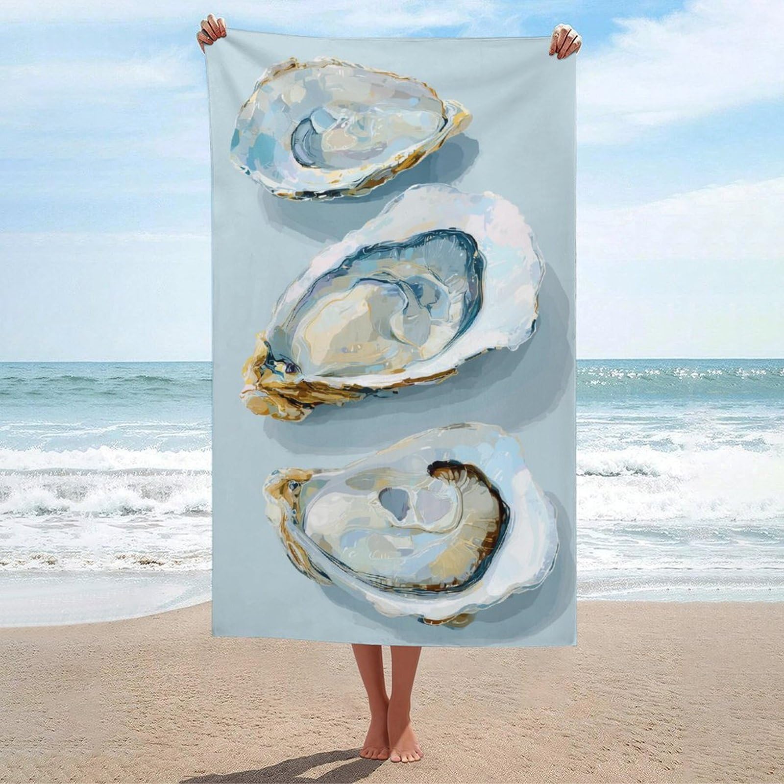 asbwuo 3 Oyster Shells Watercolor Beach Towel