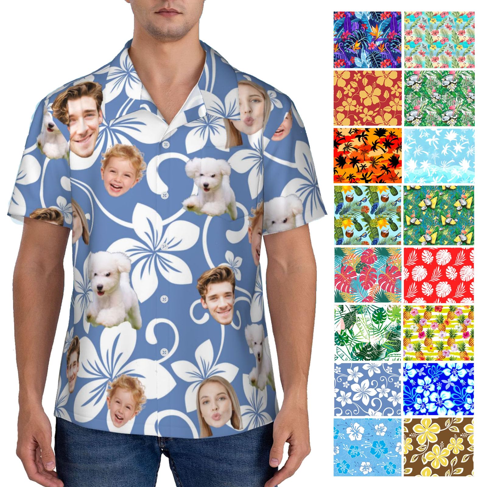 Custom Hawaiian Shirt with 4 3 2 Pet Face Photos Personalized Hawaiian Summer Beach Shirts for Men Button Down Short Sleeve