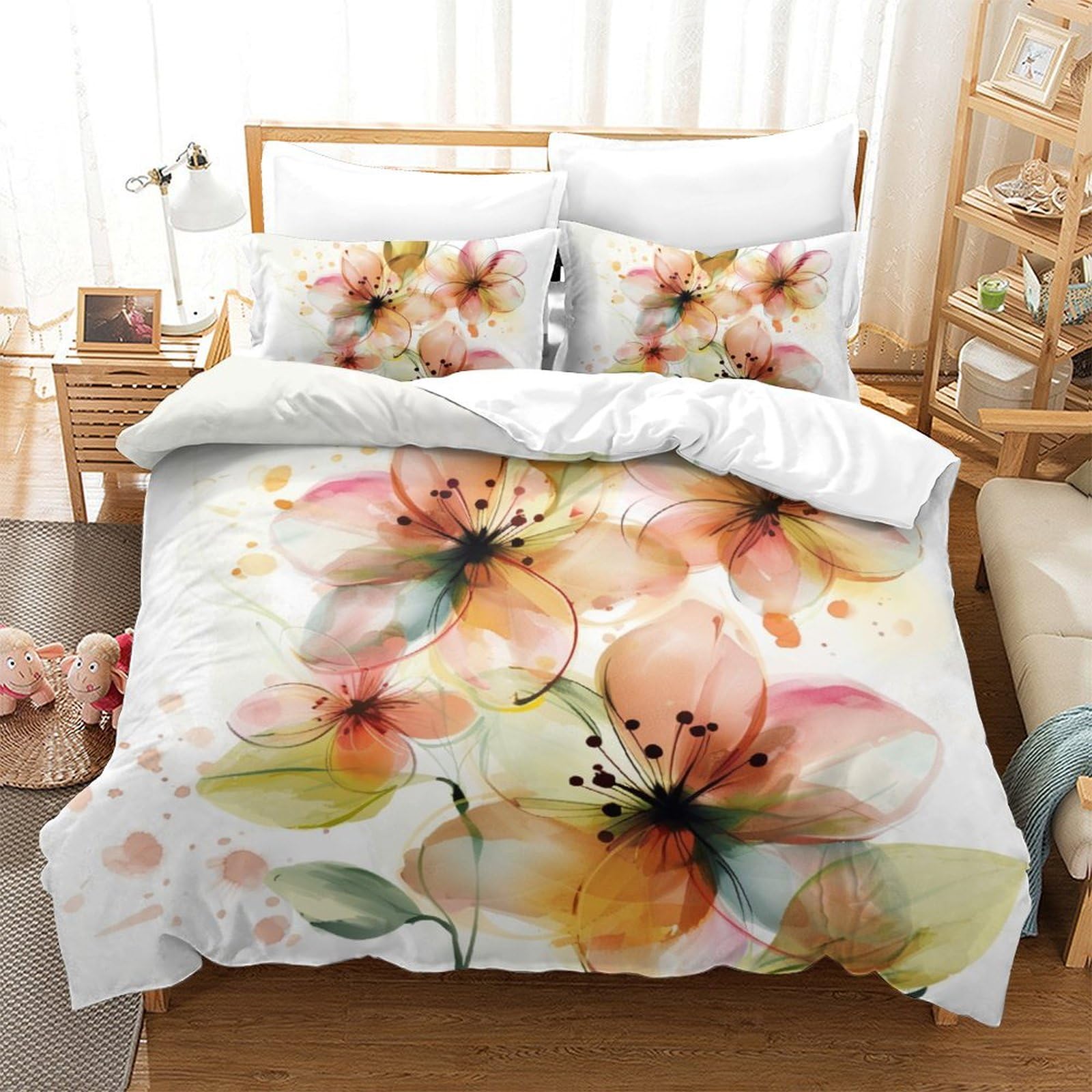 Stampa 3D Watercolor Flowers Biancheria Da Letto 3 Pezzi Copripiumino E Federa Coordinata Per Ragazzi E Ragazze,coppie,camera Da Letto,decorazione King（220x240cm）