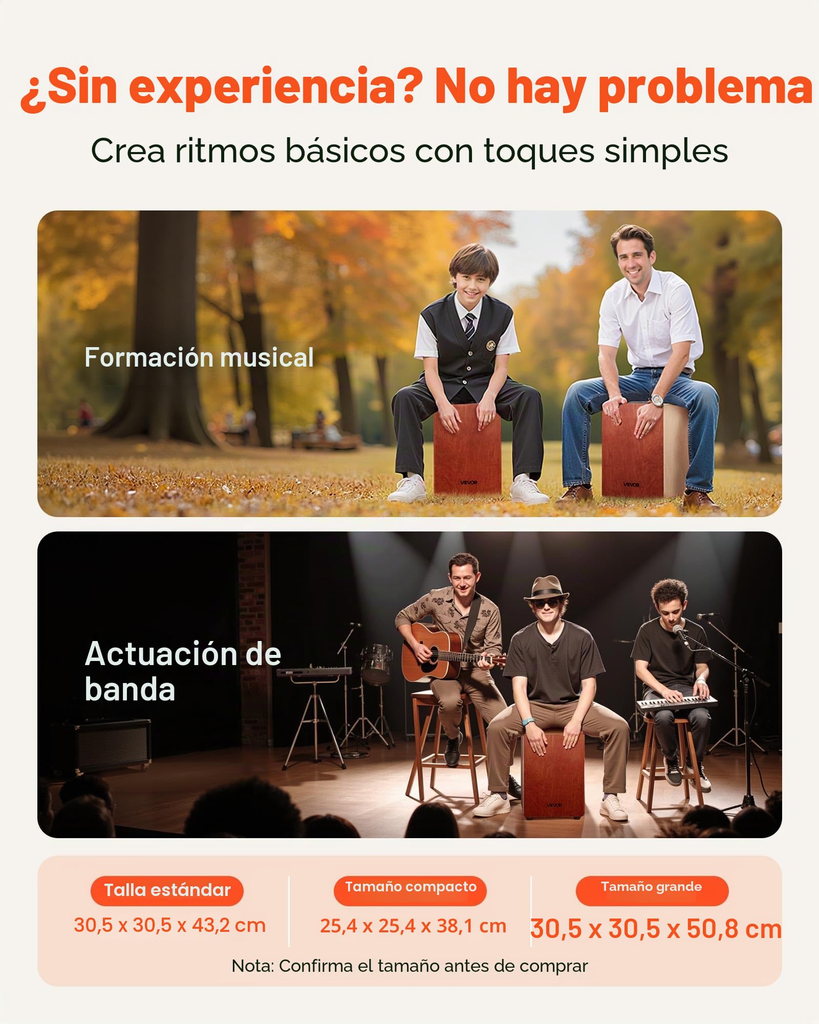 VEVOR Cajón de Percusión de Madera, Tambor Portátil Ligero de Madera de Abedul de 305 x 305 x 430 mm con Cuerdas de Guitarra Internas y Patas de Silicona para Principiantes y Profesionales