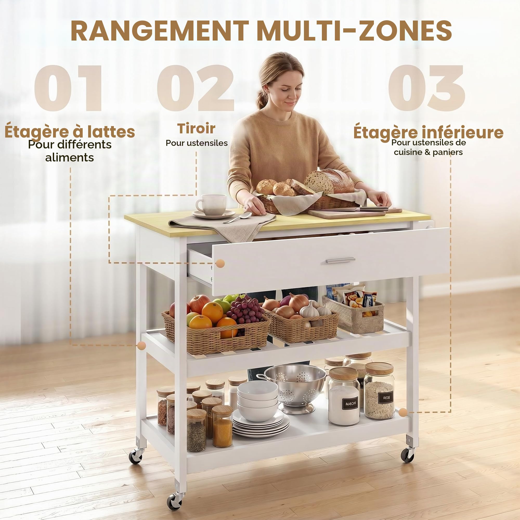 HOMCOM Desserte de Cuisine à roulettes Tiroir 108,8 x 51 x 92,5 cm Blanc