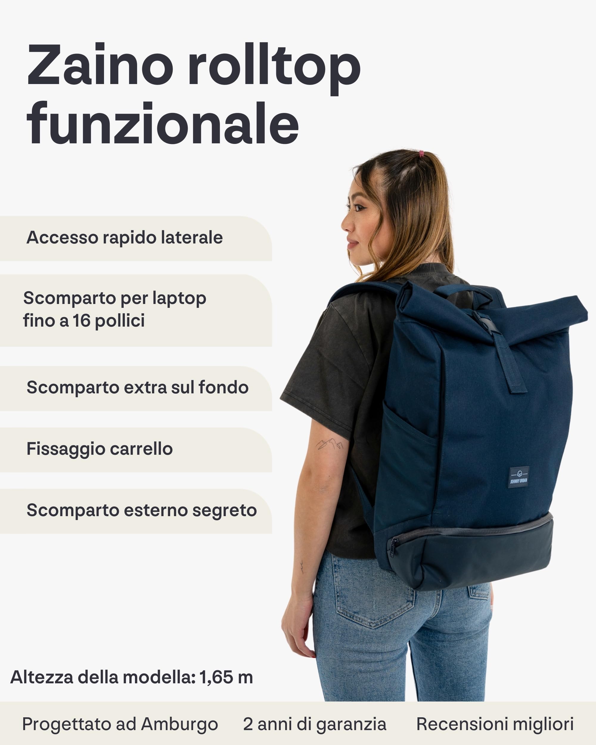 Johnny Urban Zaino Donna e Uomo - Allen Large - Rolltop Zainetta per Scuola, Università, Viaggio - Scomparto per Laptop da 16 pollici - Idrorepellente