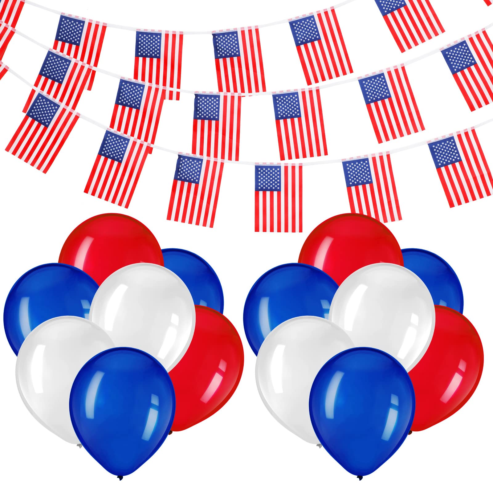 Hestya 315 Inch USA American Flag Bunting and 15 Pcs 12 Inch Latex Red White Blue Balloons America Pennant Flag Stars Stripes for 4th of July Day Party Banner Patriotic Events Birthday Decoration